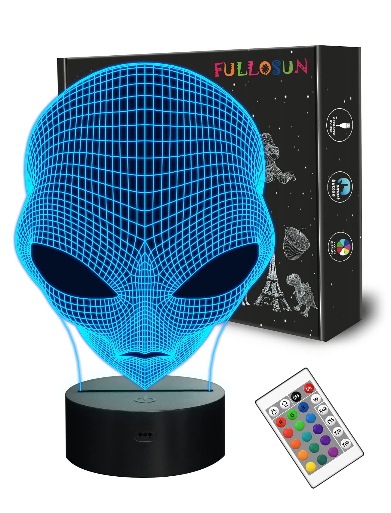 FULLOSUN 3D Night Light Alien Illusion Lamp, LED Martian ET Nightlight with Remote Control 16 Colors Changing Room Home Decor Xm