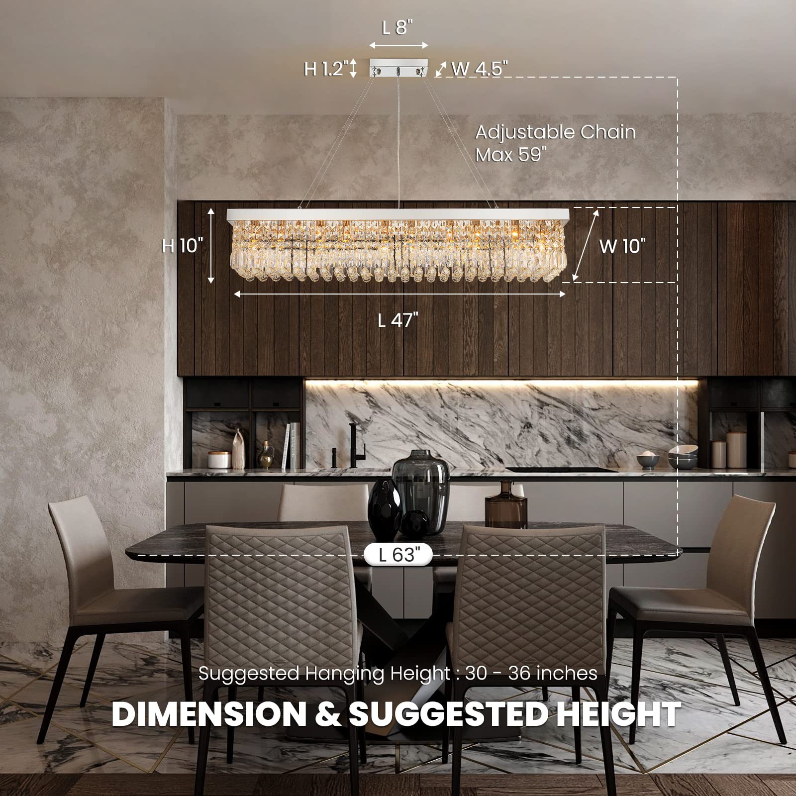 7Pm K9 Crystal Chandelier - Modern Rectangular Pendant Light Fixture, Chrome, L47 X W10 X H10, For Dining Room & Kitchen Island