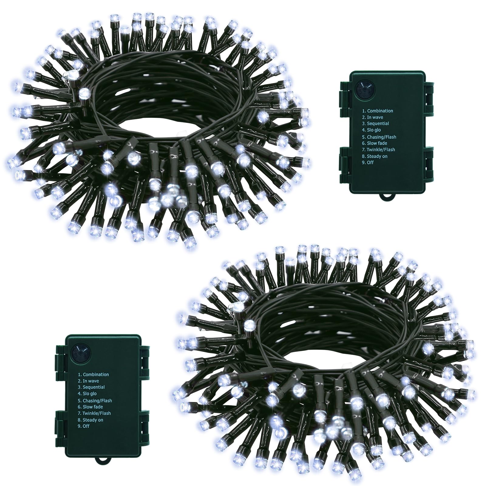 LumBelle 2 Pack String Lights, 23ft 70 LED Battery Operated, Cool White, 8 Modes, Timer, Indoor Outdoor Xmas Decoration