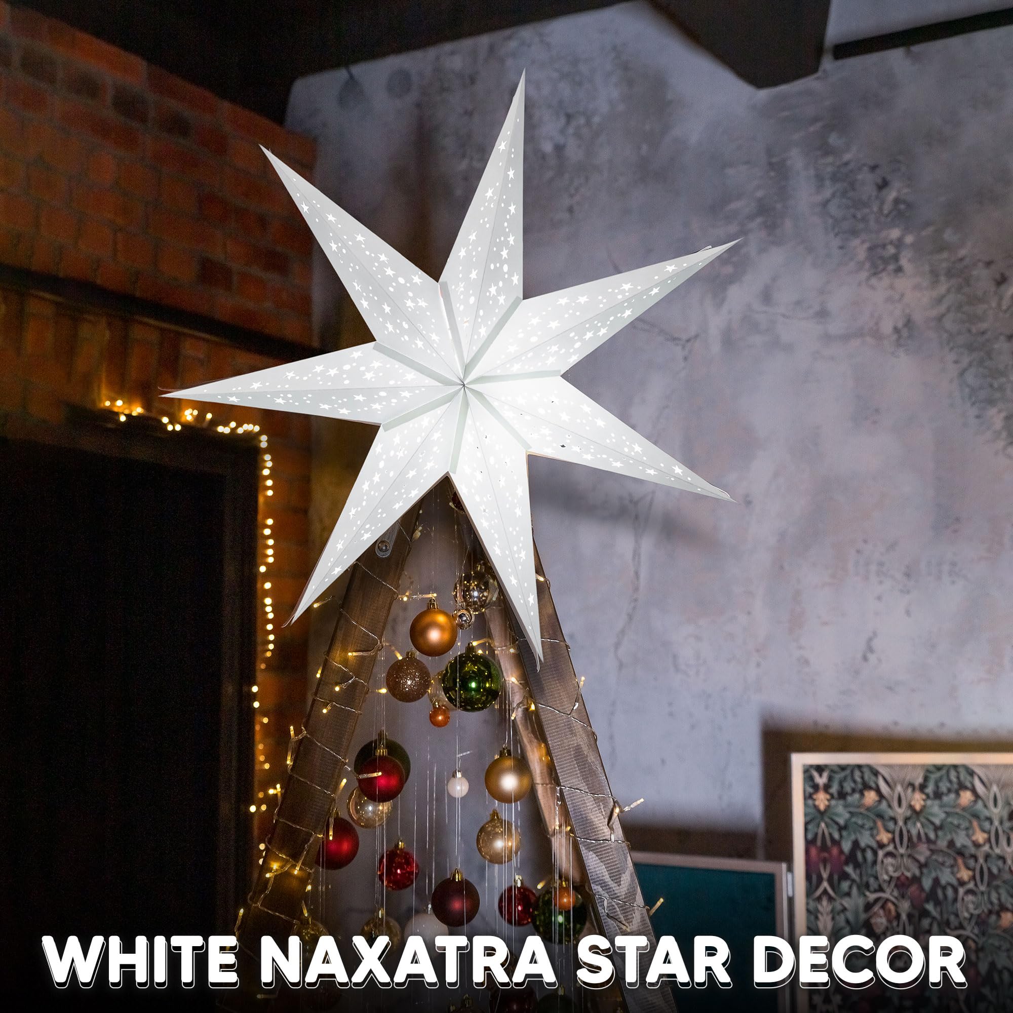 GalaxyArts Paper Star Lantern, 24 Inch, Medium Naxatra White, 7 Pointed, Hanging Lamp for Weddings, Holidays, Parties, Indoor/Outdoor Décor