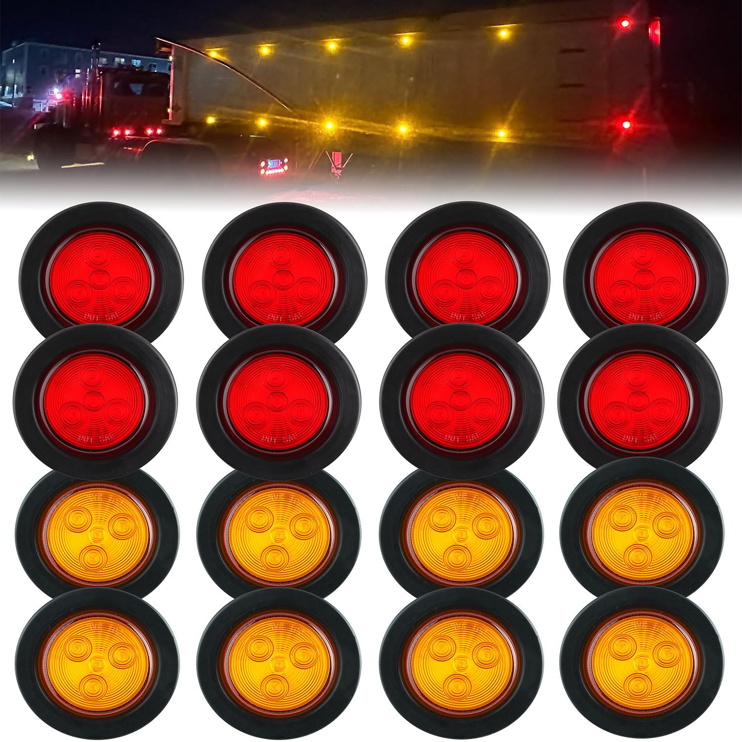 Traberm 16PCS 2 Inch Round LED Trailer Side Marker Lights 4 LED  (8Amber + 8Red) 2 Round Led Trailer Clearance Marker Lights Grommet Mount w/2 Prong Wire Pigtails IP67 Waterproof Sealed 12V