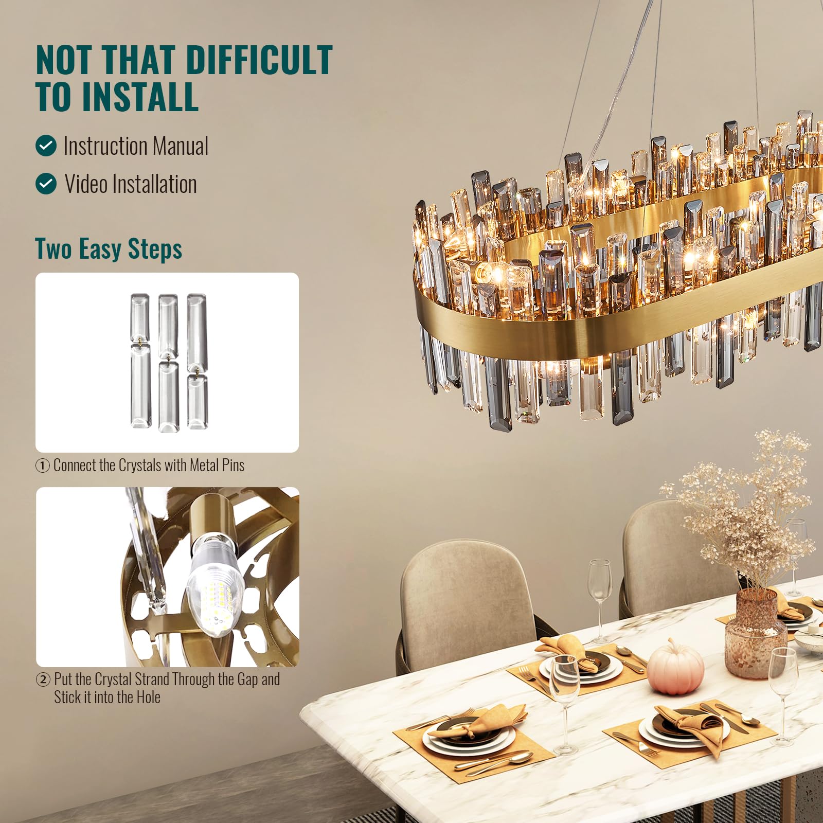 Siljoy 35.4in  Gold Oval Crystal Chandelier, 16-Light K9 Crystal, Metal, Clear & Grey, Model FSK0622, Ideal for Dining Room and Kitchen Island