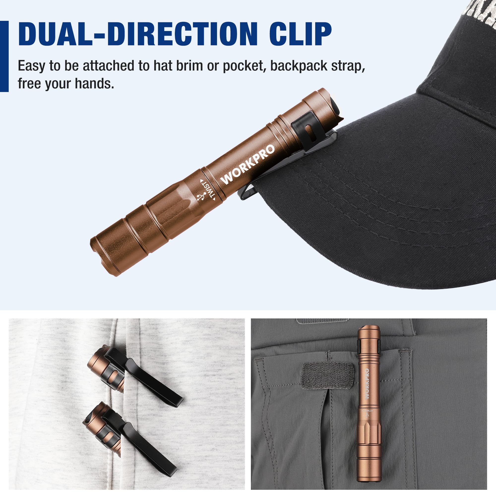 WORKPRO Rechargeable Mini Pen Light Flashlight, Brown Aluminum, 2 Pack with USB C Cables, Model W139024