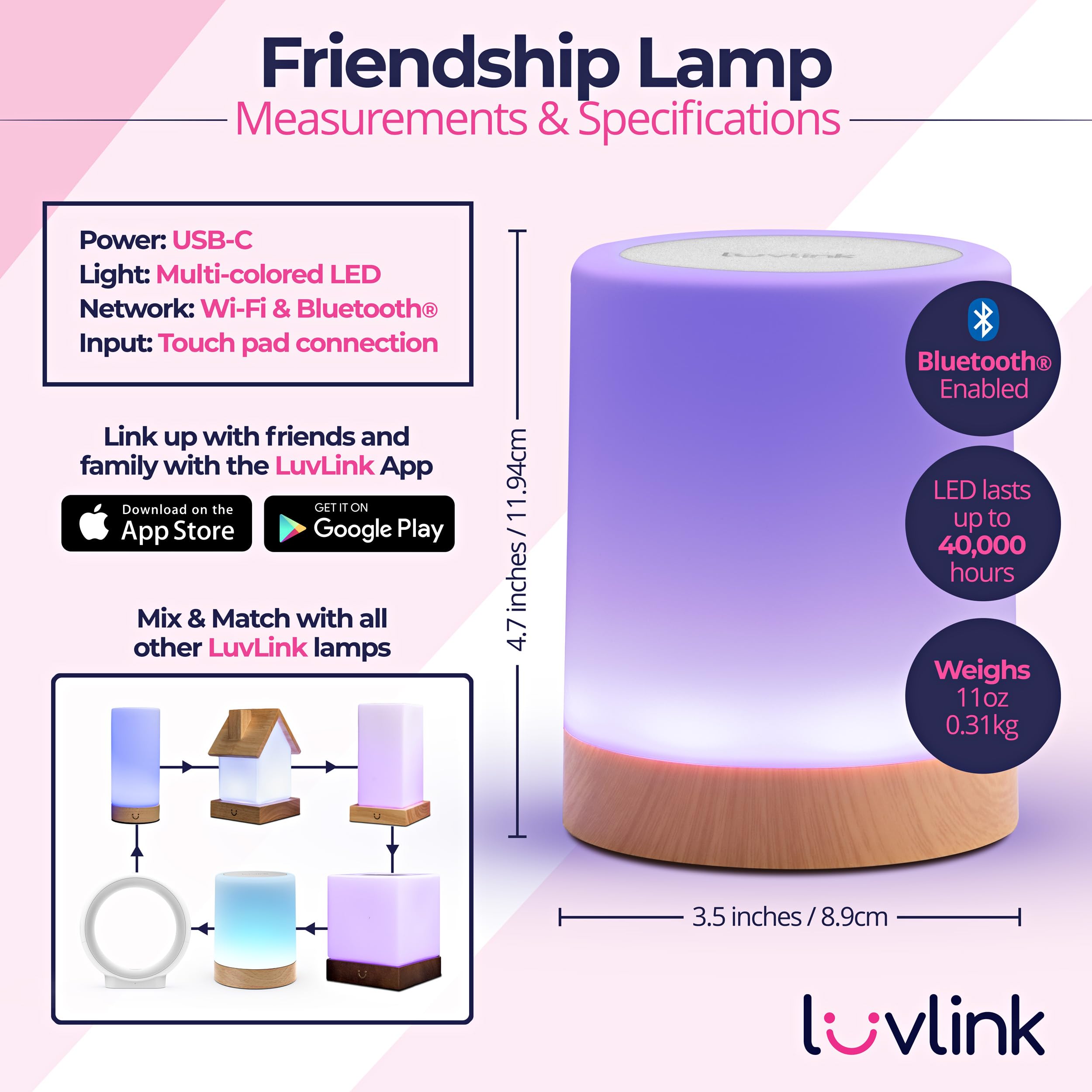 LuvLink Friendship Lamp v2 - Extended Wifi Range, Bluetooth Setup - Set of Four - Plastic - Model LLFL04V2