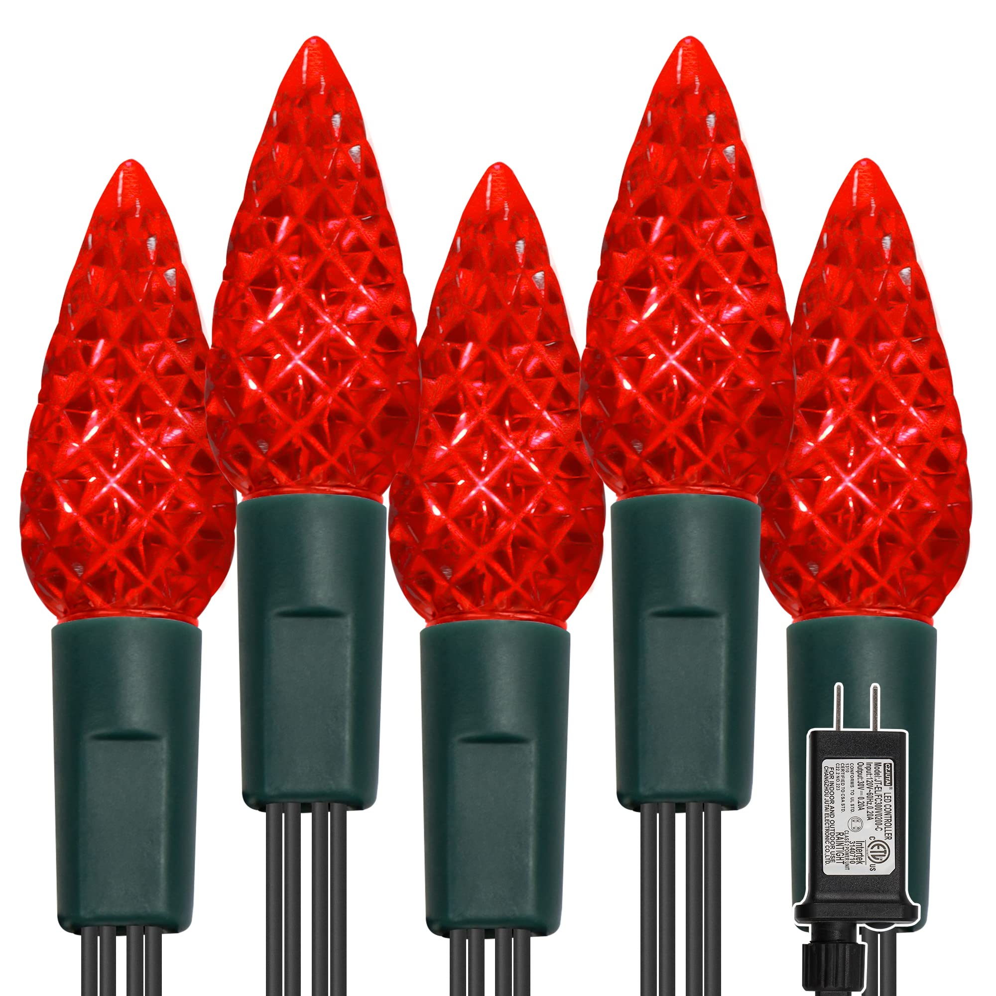 WATERGLIDE C6 Christmas Lights, 33ft 100 LED Faceted String Lights Green Wire Valentines Fairy Lights with 29V Adaptor, 8 Lighti