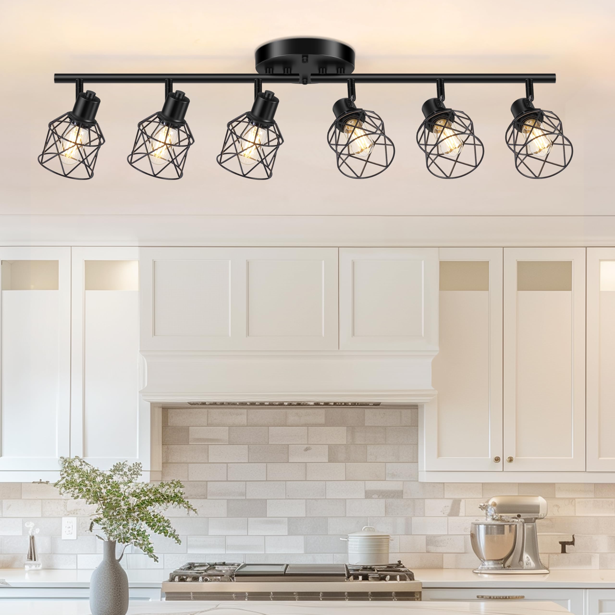Baocuz 6-Lights Black Semi Flush Mount Ceiling Light, Multi-Directional Ceiling Light Fixtures, Rotatable Kitchen Track Lighting