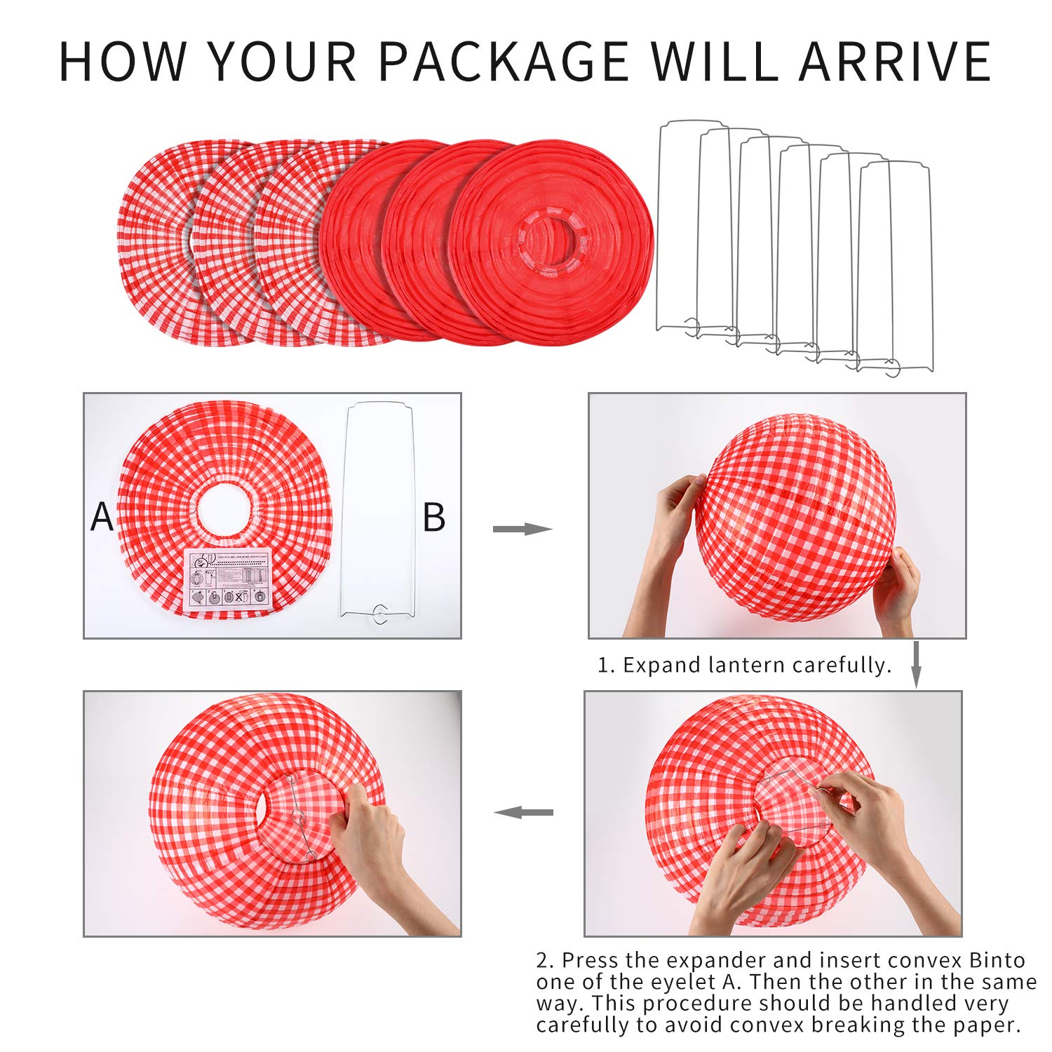 Blulu Paper Lanterns - Checkered Round Decorations, Red and White Plaid, 6 Pieces, Metal for BBQ Pizza Party