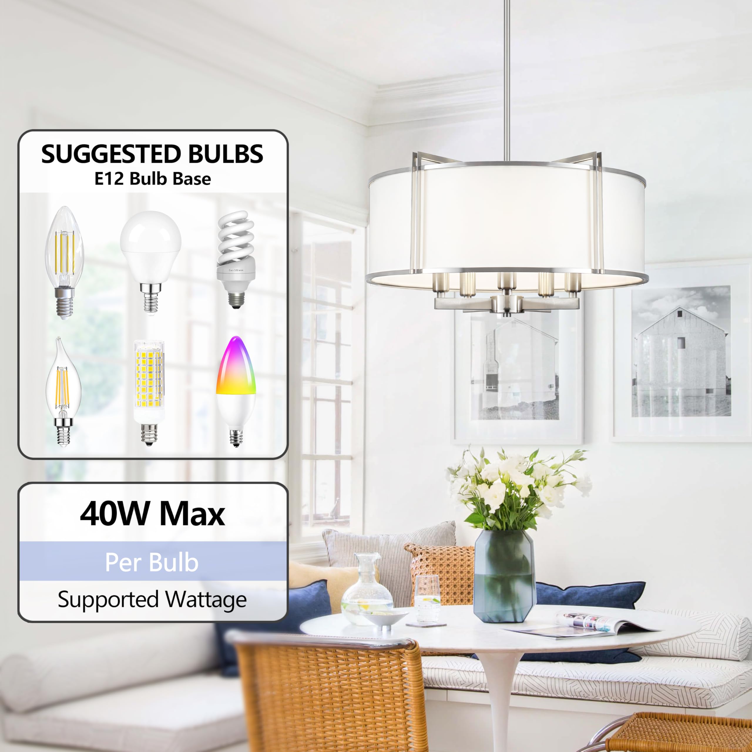 CWarmozy 19.6'' 5-Light Drum Chandelier, Brushed Nickel Modern Pendant Light, Adjustable Fabric Fixture for Dining Room, Kitchen, Living Room