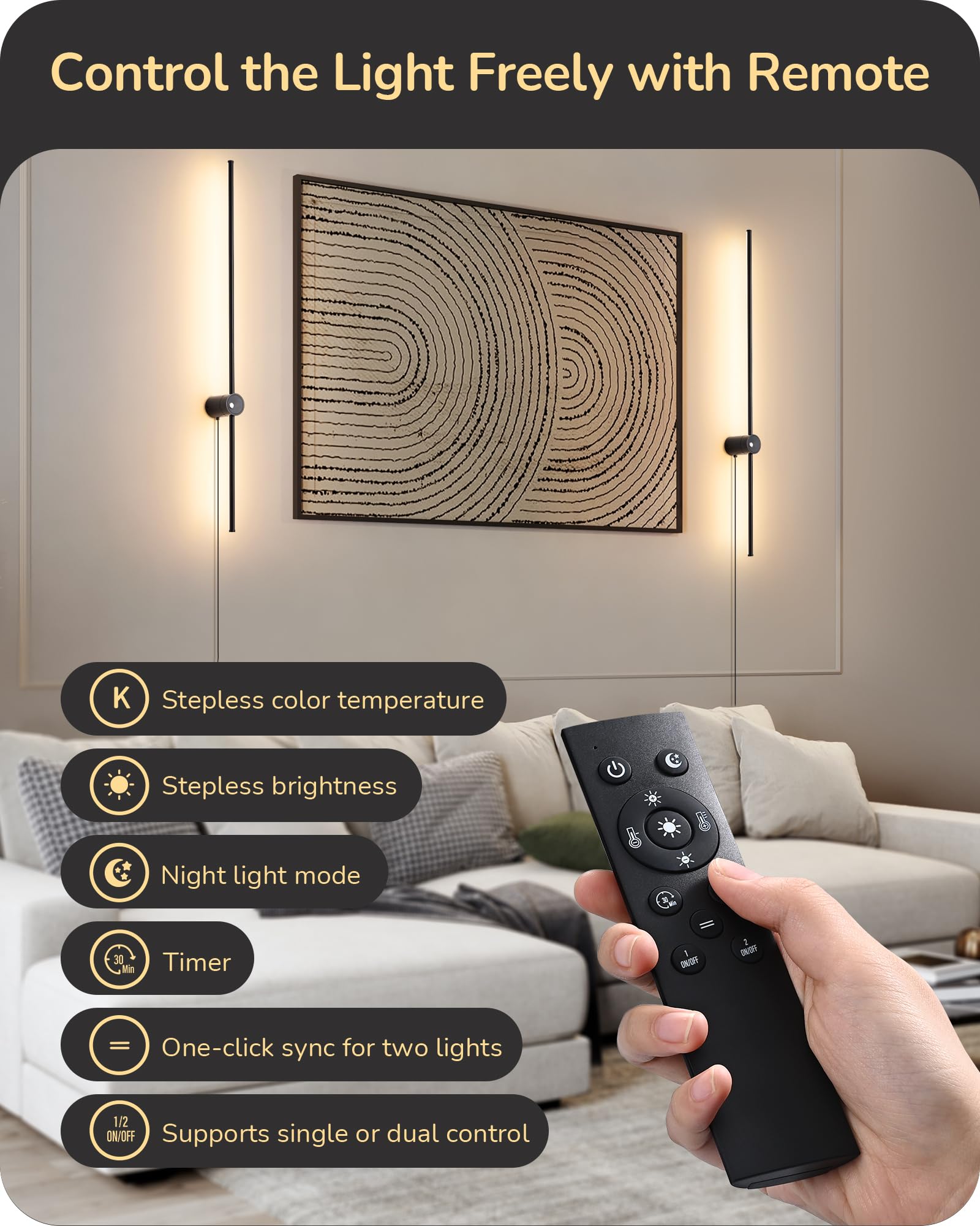 EDISHINE Dimmable LED Wall Sconce Set of Two, 2700K-6000K, Touch Control, 350° Rotation, Black, Model 97b89f47-ca