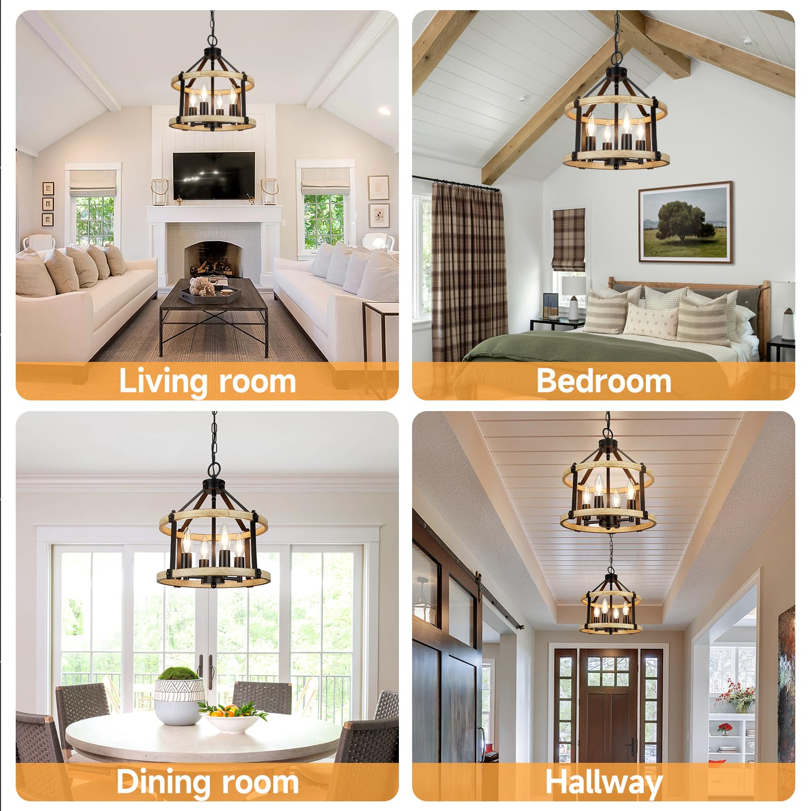 12.5'' Farmhouse Chandelier Light Fixtures, 4 Light Rustic Drum Chandeliers, Black+Wood-Look Finish Metal Industrial Chandelier