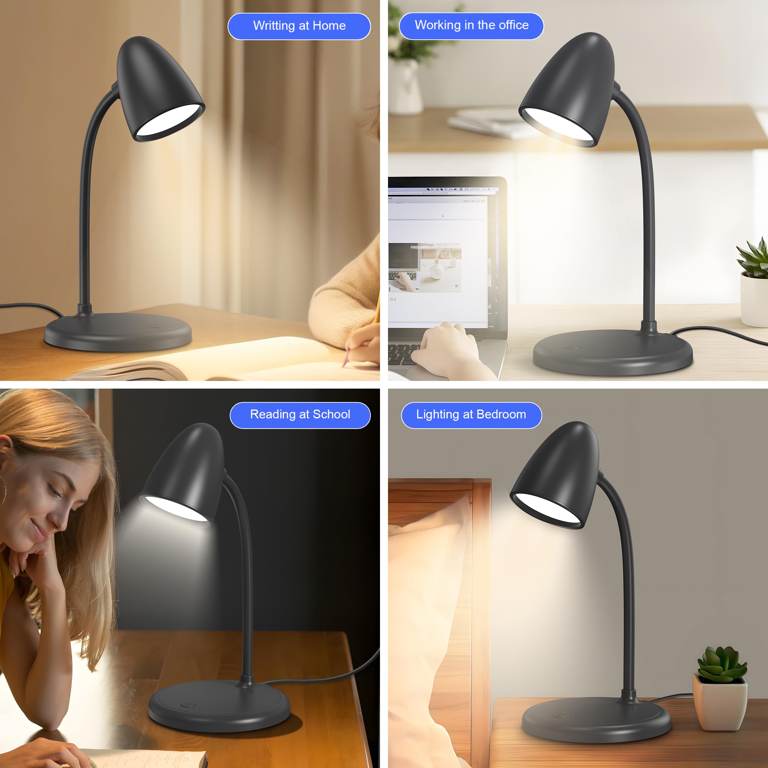RORENSE LED Desk Lamp, Dimmable, 3 Light Colors, Gooseneck, Small Size, Black, Model tyv90