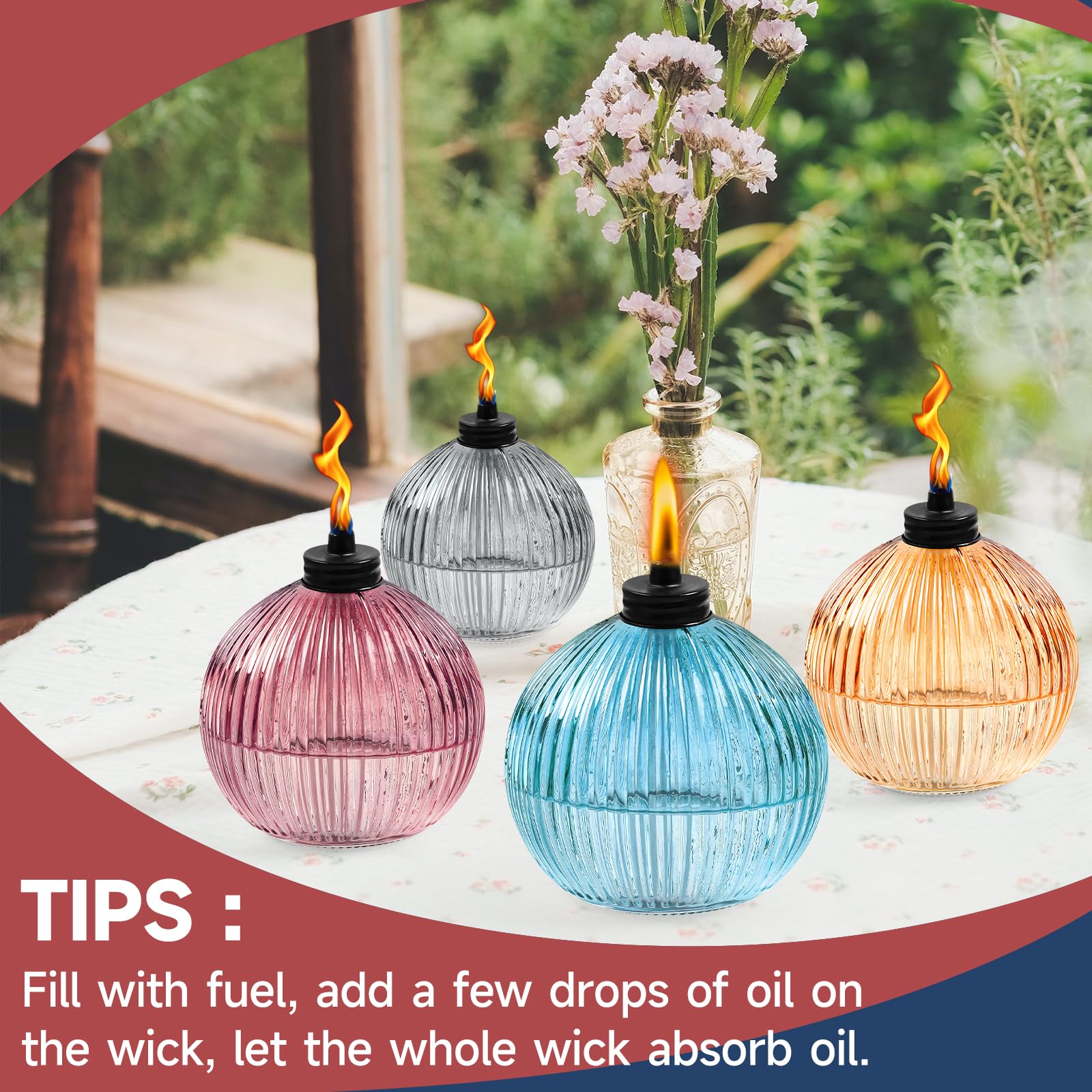 Falbawr Citronella Torches Set Of 4 - 16 Oz Glass Outdoor Lanterns With 3-Prong Stake,