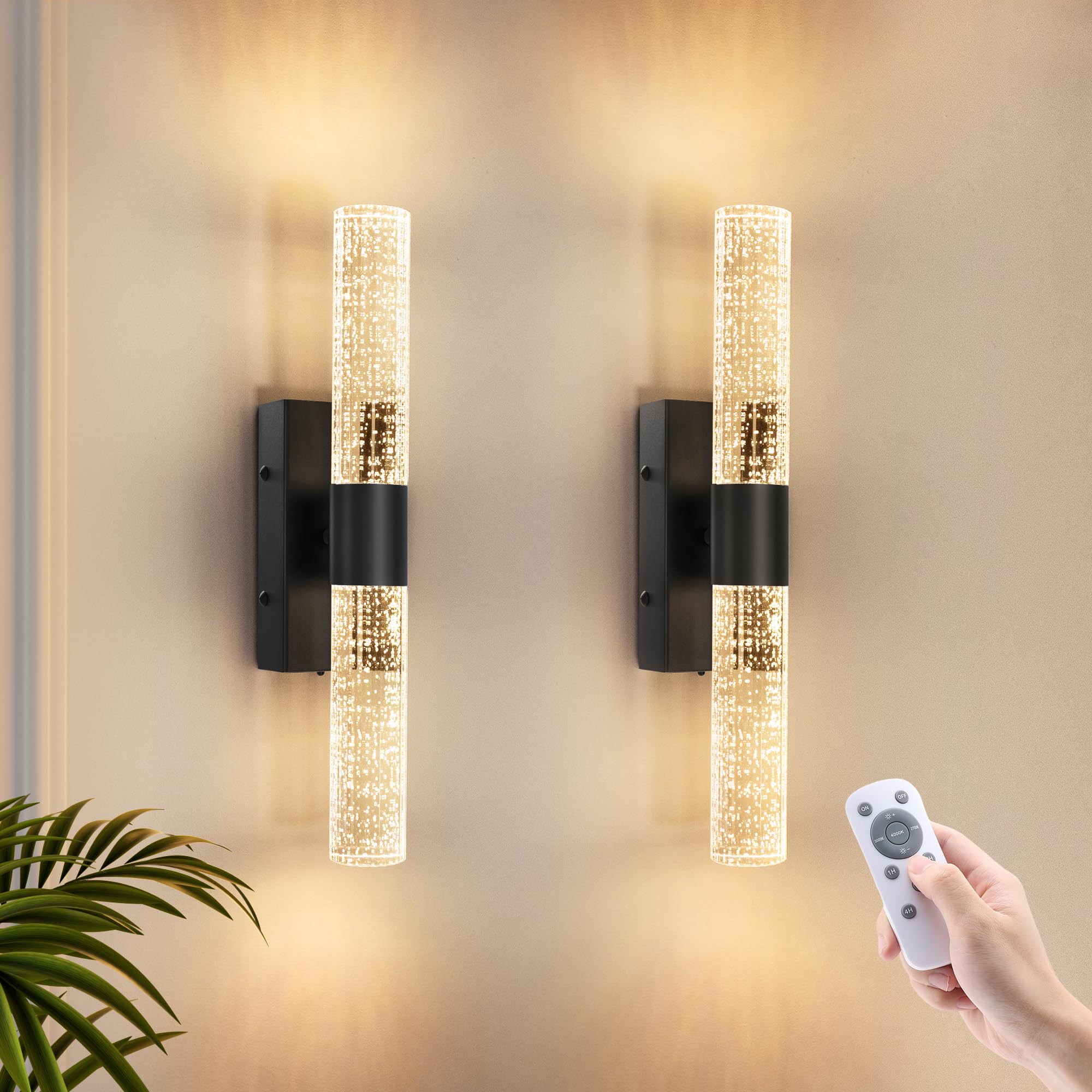 VOLISUN Battery Operated Wall Sconces Set of Two Black Sconces Wall Decor Set of 2 Wireless Wall Sconces with Remote Rechargeable Wall Light for Living Room Bedroom Bathroom Vanity (15.3 inch)