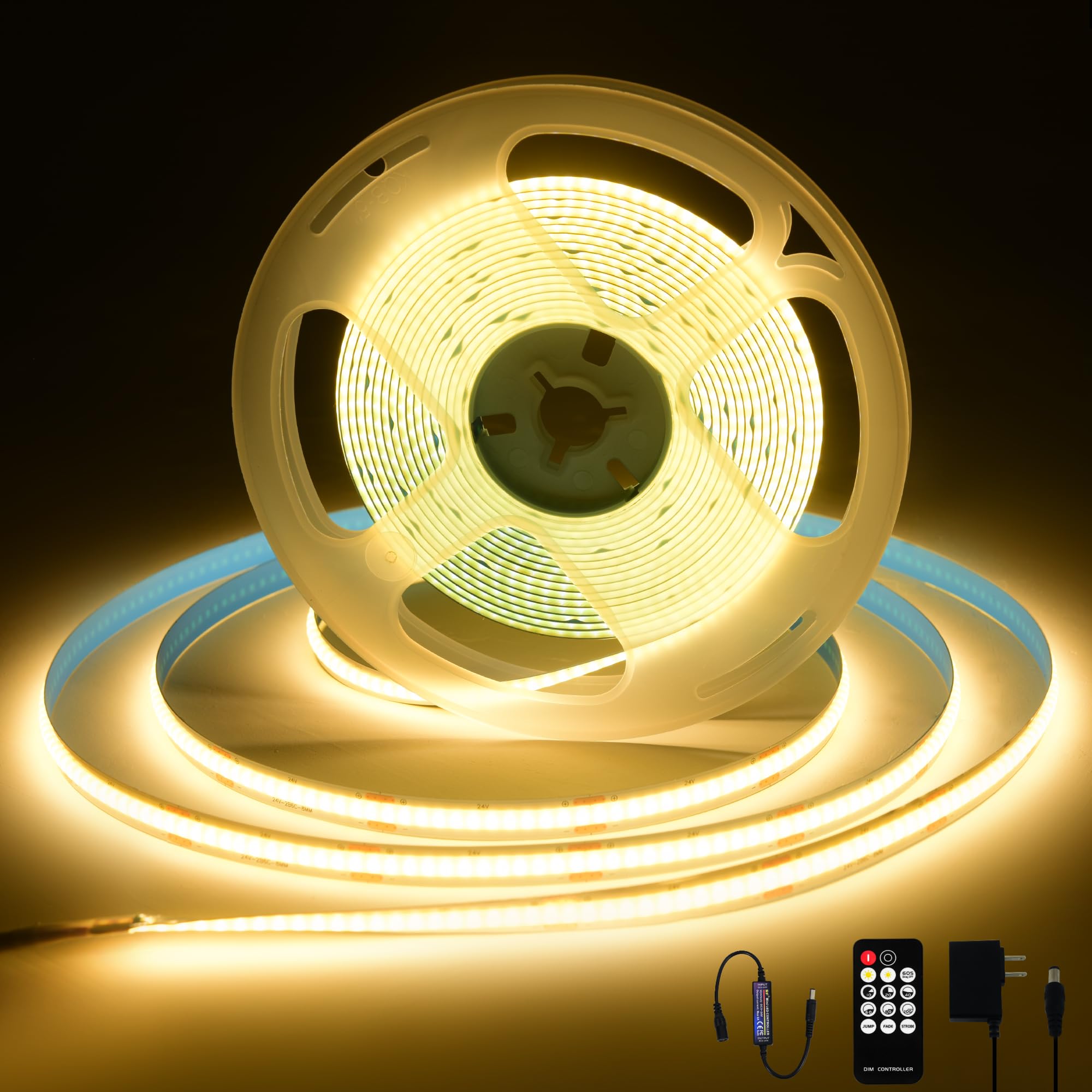 XINGZHI 24V Dimmable COB LED Light Strip, 16.4FT, Warm White 3000K, RF Remote Control, UL Power Supply