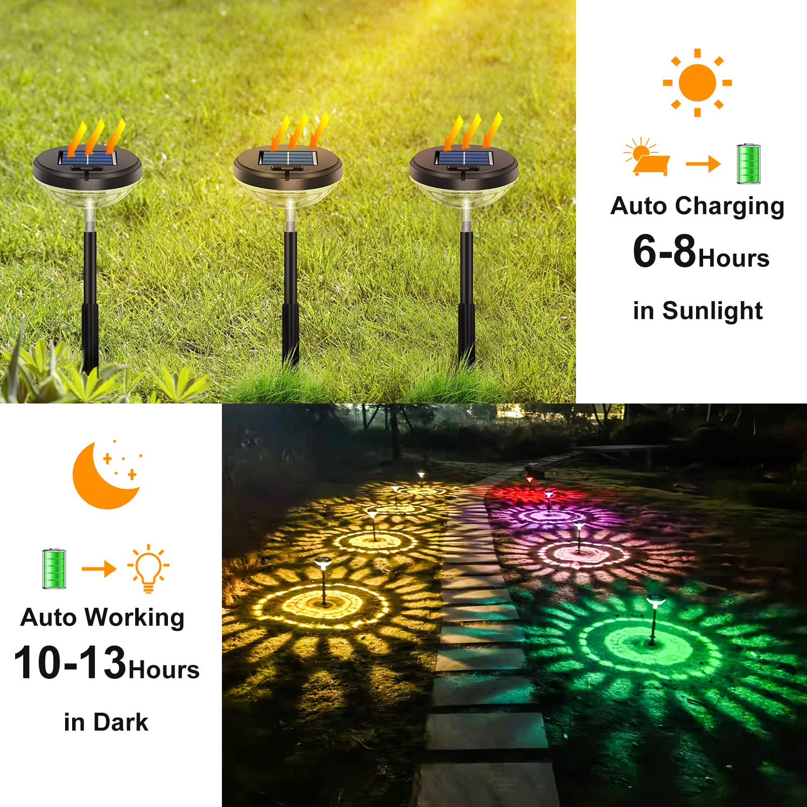 Nupostai Solar Pathway Lights 6 Pack, Color Changing & Warm White LED, IP67 Waterproof, Clear, Model ATC-DC