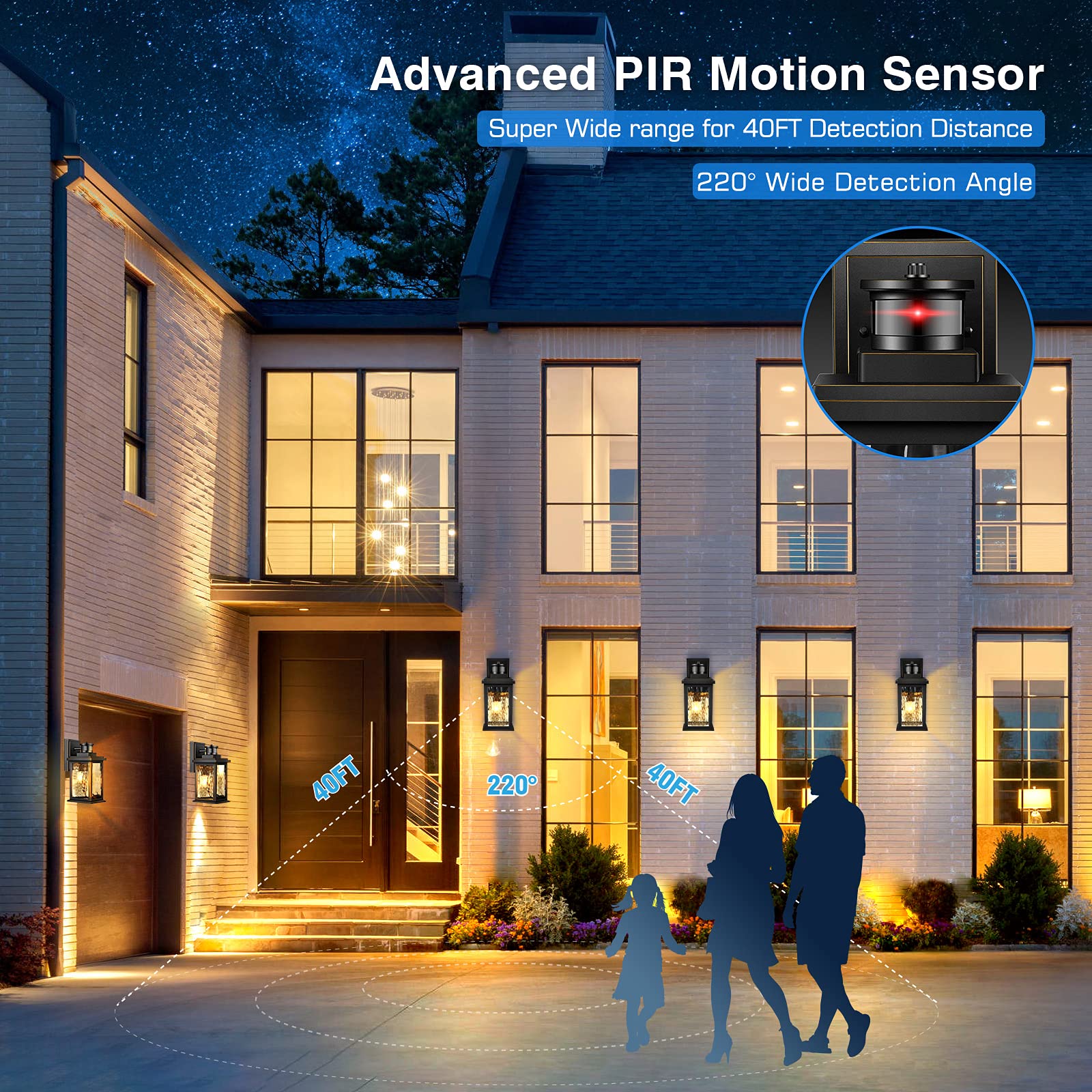 VIANIS Motion Sensor Outdoor Lights, Dusk to Dawn LED Fixture, Waterproof Black Lantern for Porch and Garage