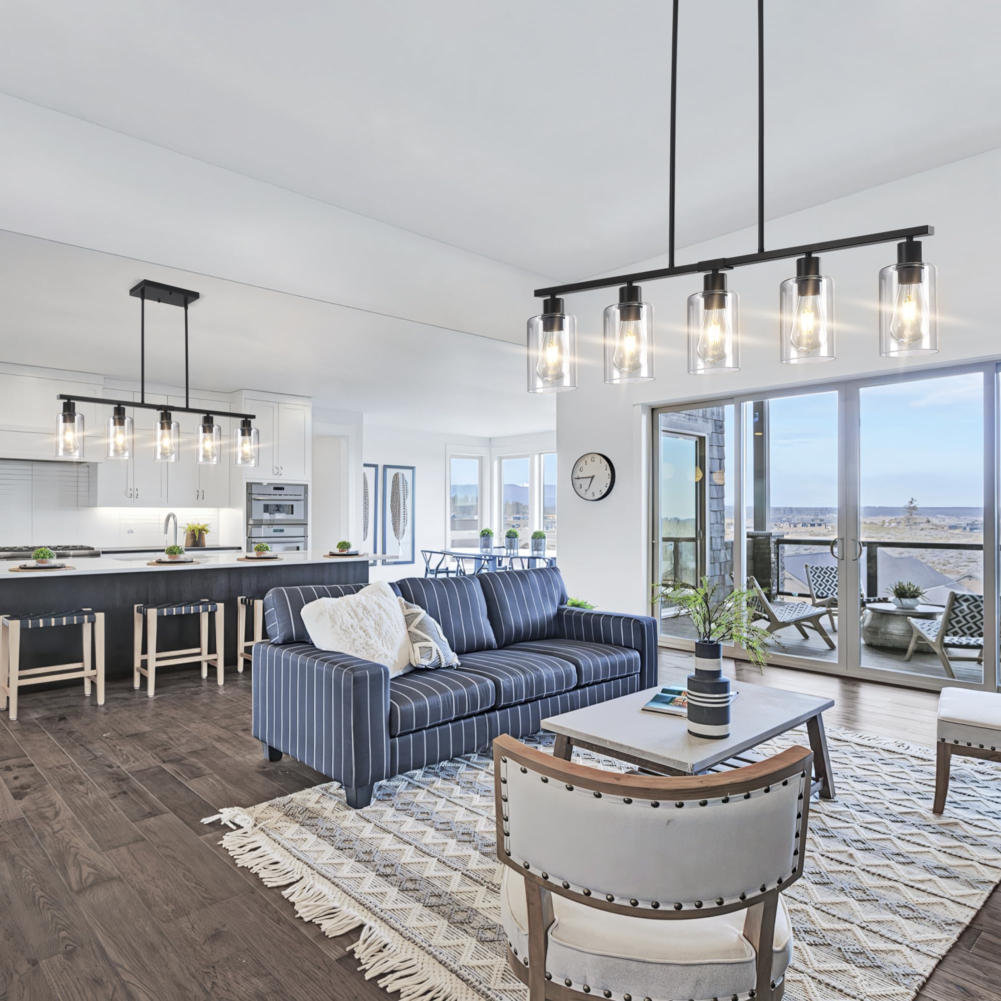 Yarlkav Black Linear Chandelier For Kitchen Island - 5 Light Pendant Lighting Fixture With Glass Shades, Adjustable Height Farmh