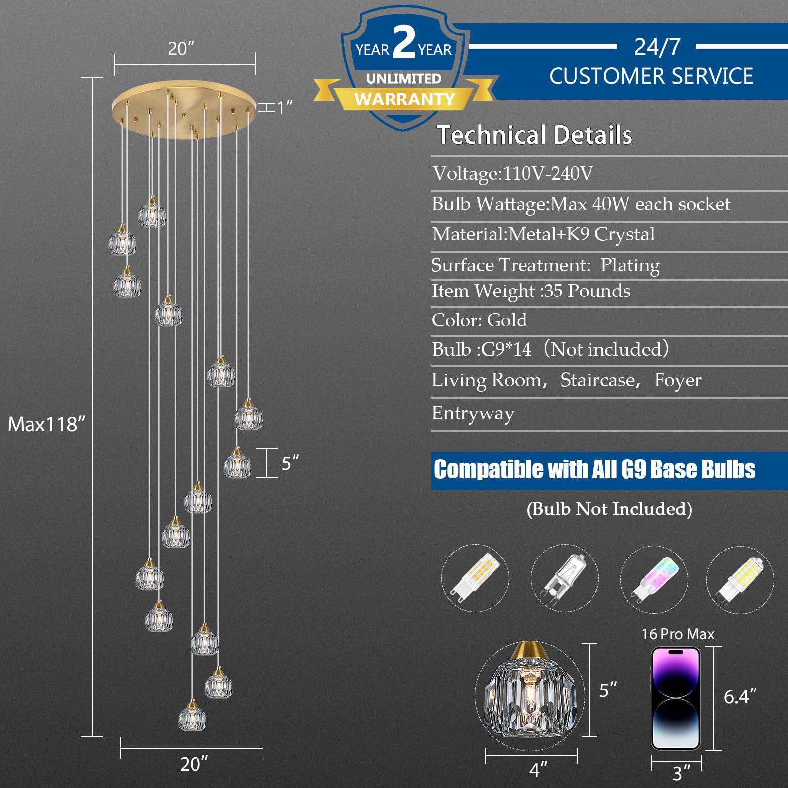 Weesalife Crystal Chandelier, 14-Light Brass Pendant Light Fixture for Living Room, Kitchen, Foyer, Model 8817-12C BR