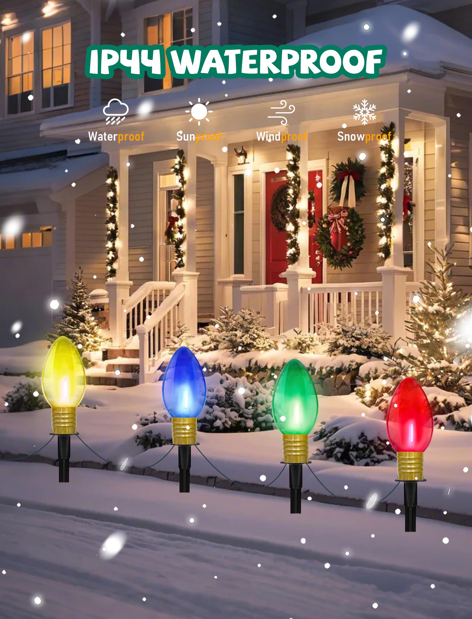Cbebew C9 Outdoor Christmas Pathway Lights, Set of 4, Clear Multicolored Jumbo LED, 7Ft Connectable, Plastic, Holiday Yard Decor