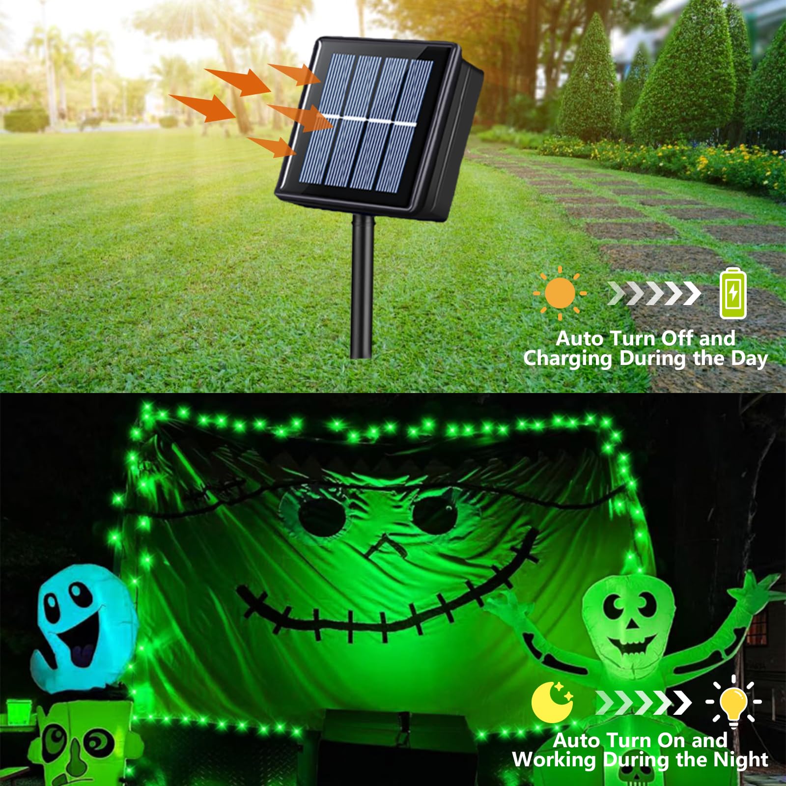 QITONG Green Solar String Lights, 200 LED, 66ft Each, 2 Pack, Waterproof, 8 Modes, Copper Wire