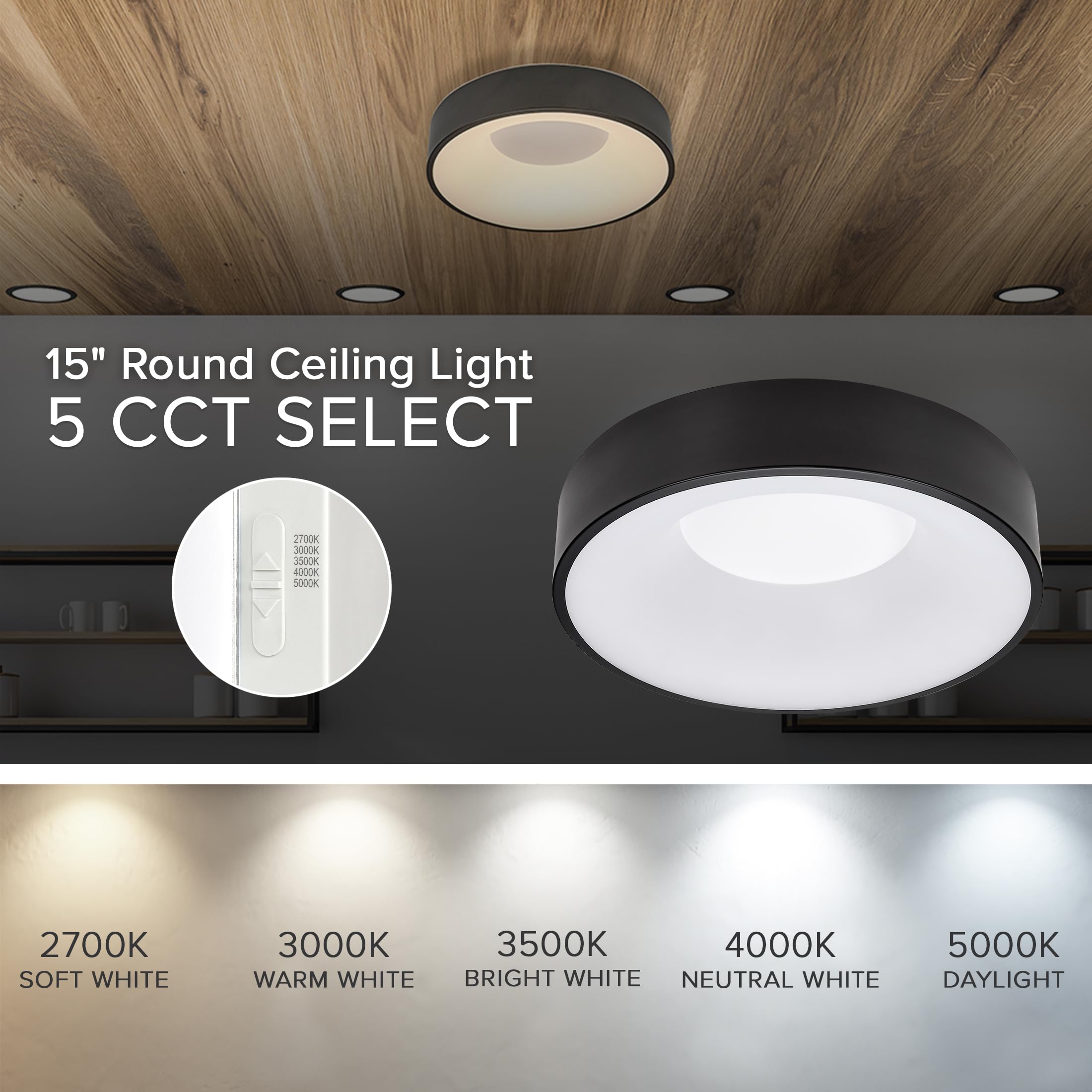 Maxxima 15 In. Led Flush Mount Ceiling Light, 1400 Lumens, 5 Cct 2700K/3000K/3500K/4000K/5000K, Round Color Selectable Modern Bl