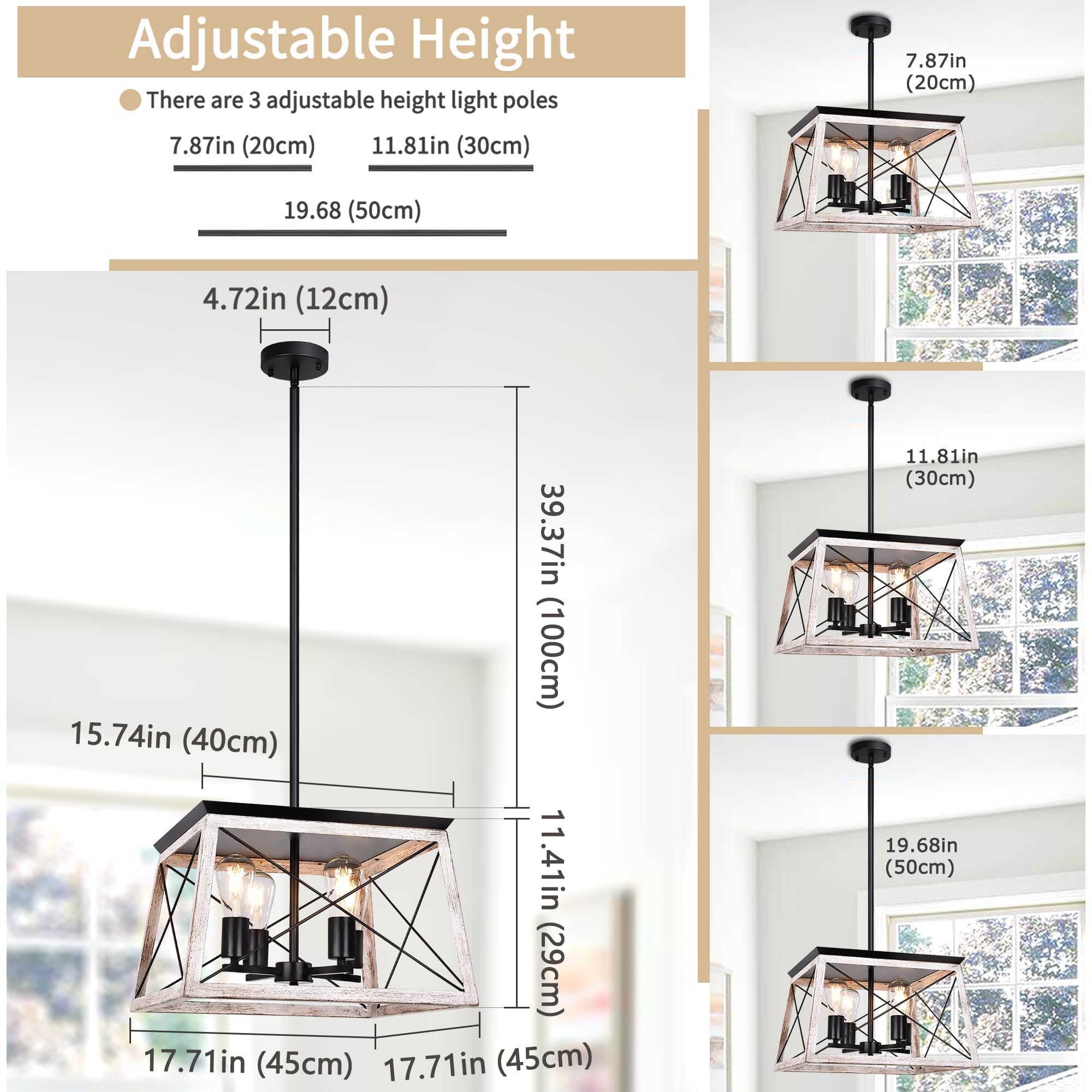 Merbotin Farmhouse Chandelier, Rustic White Wood 4-Light Pendant Light For Dining Room & Entryway