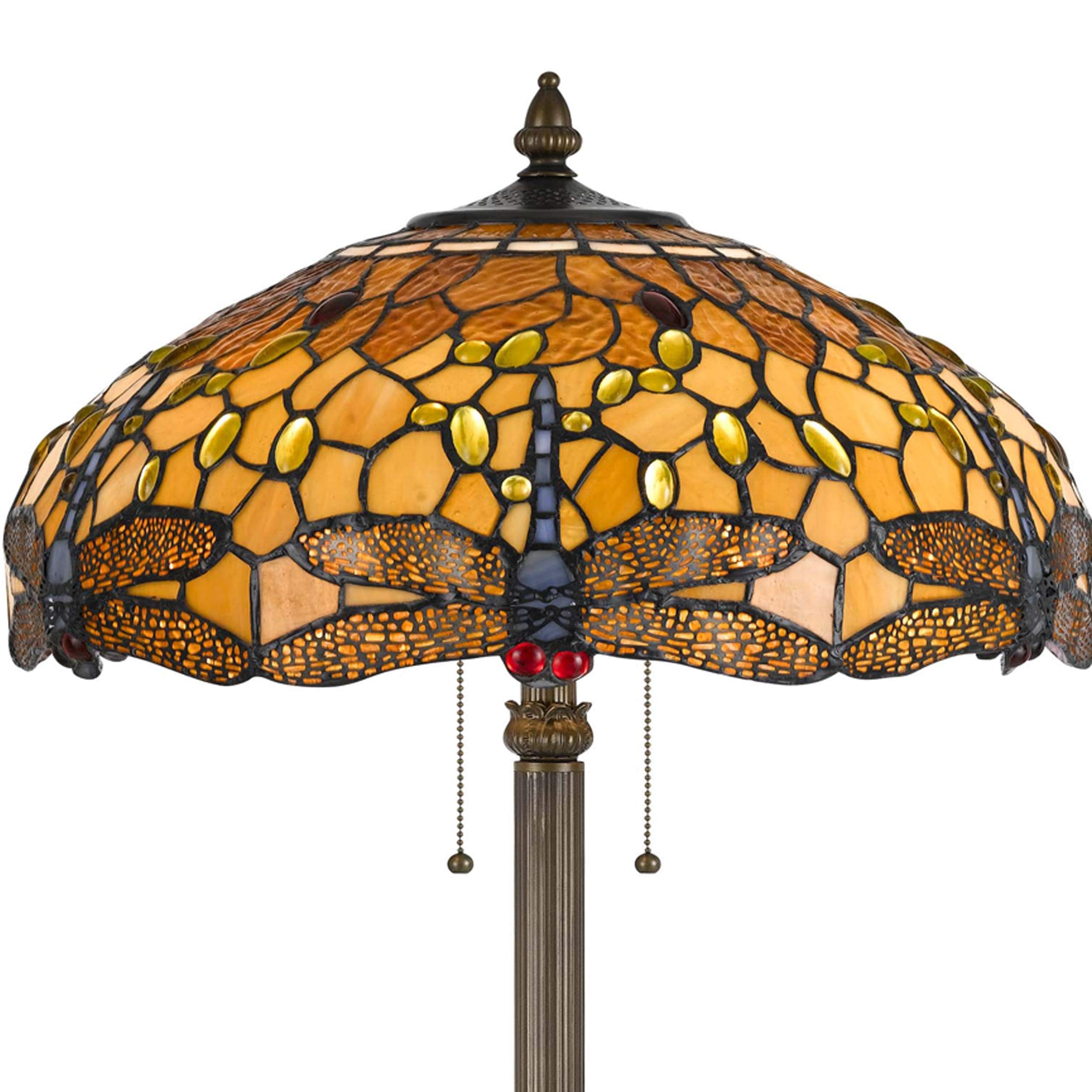 Benzara 2 Bulb Tiffany Floor Lamp, Dragonfly Design Shade, Metal, Multicolor, Model BM223536