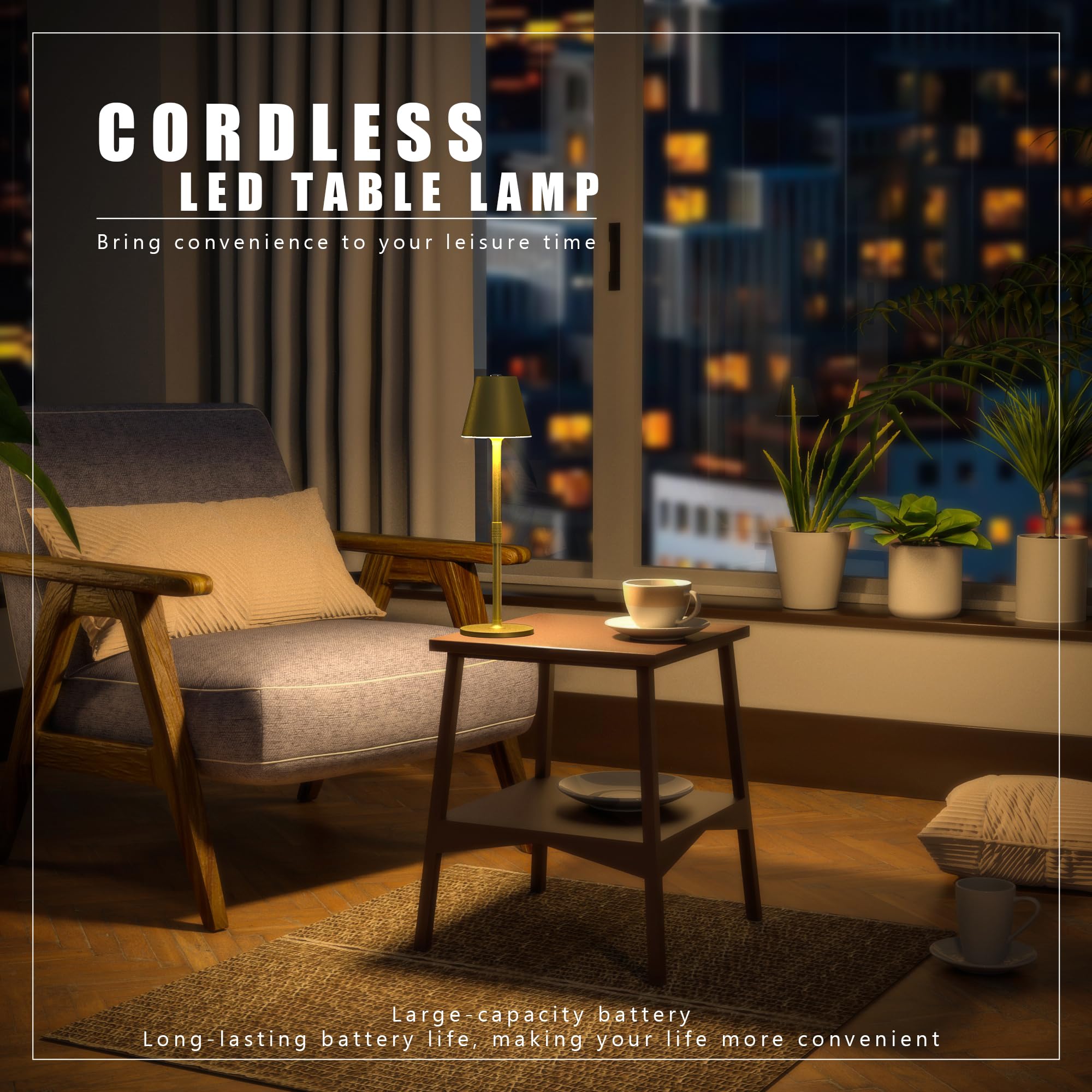 Timjorman 2Pack LED Cordless Table Lamp - 4000mAh Rechargeable, 3 Level Brightness, Metal Shell, Champagne Gold