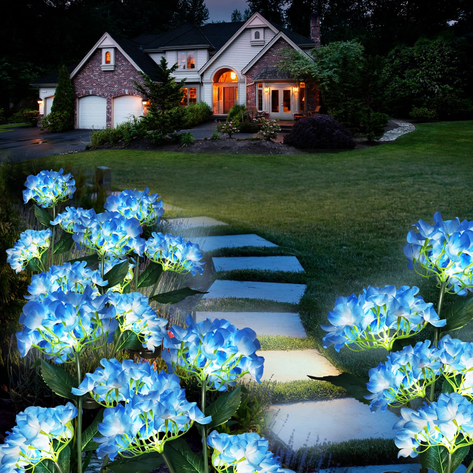Yaodema Garden Lights Solar Flower Light, Led Solar Powered Outdoor Light Decor For Path Yard Walkway Patio Balcony Lawn, Hydrangea Artificial Flower (Blue, 2)