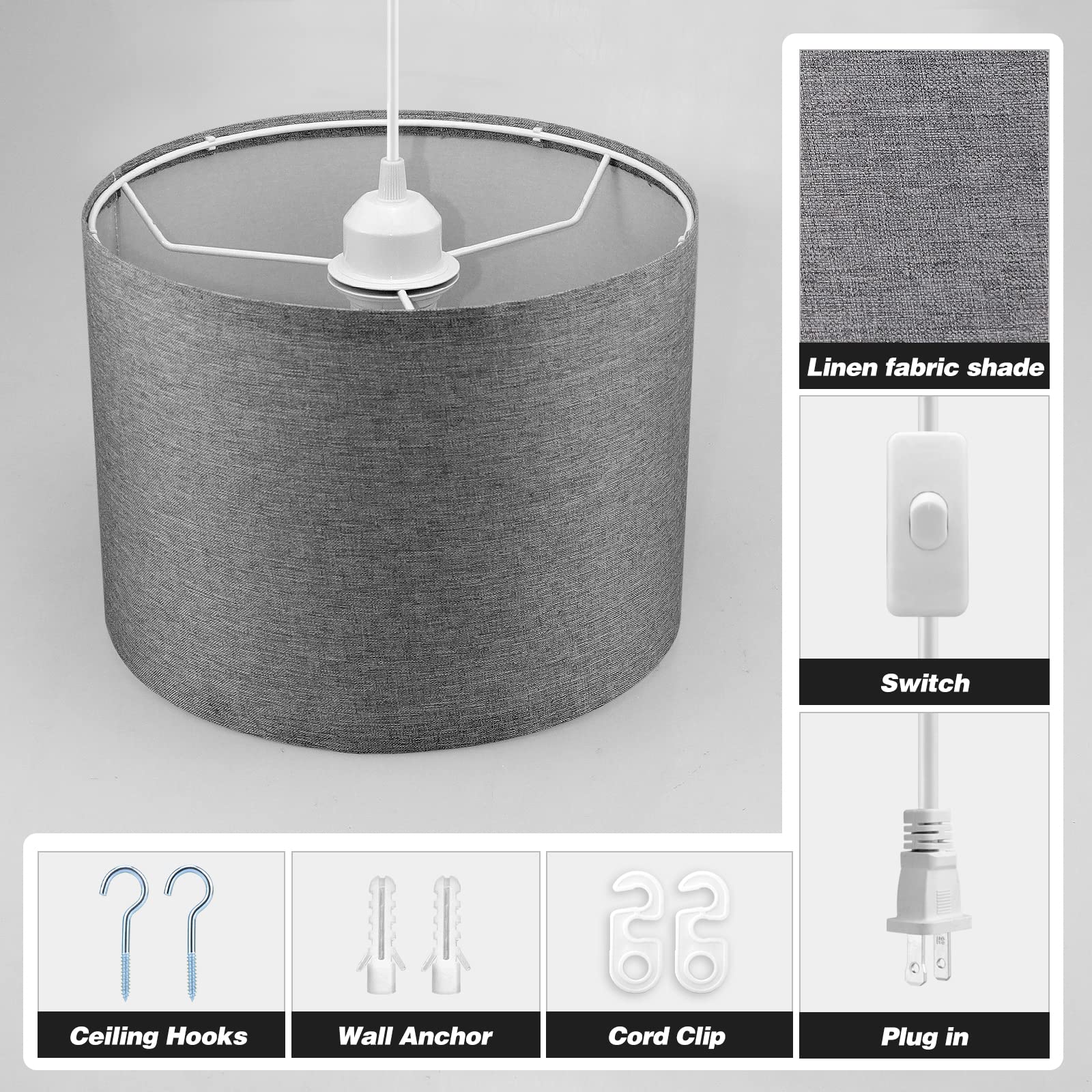 KUAUGST Plug-in Pendant Light, 15 FT Hanging Lamp with Fabric Shade, On/Off Switch, Gray