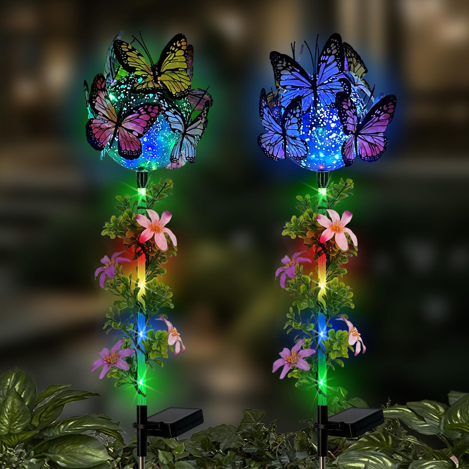 Solar Lights Outdoor Pathway,2 Pack Butterfly with Ball Garden Stakes,Colorful Twinkle Fairy Lights Decorations Outdoor for Yard