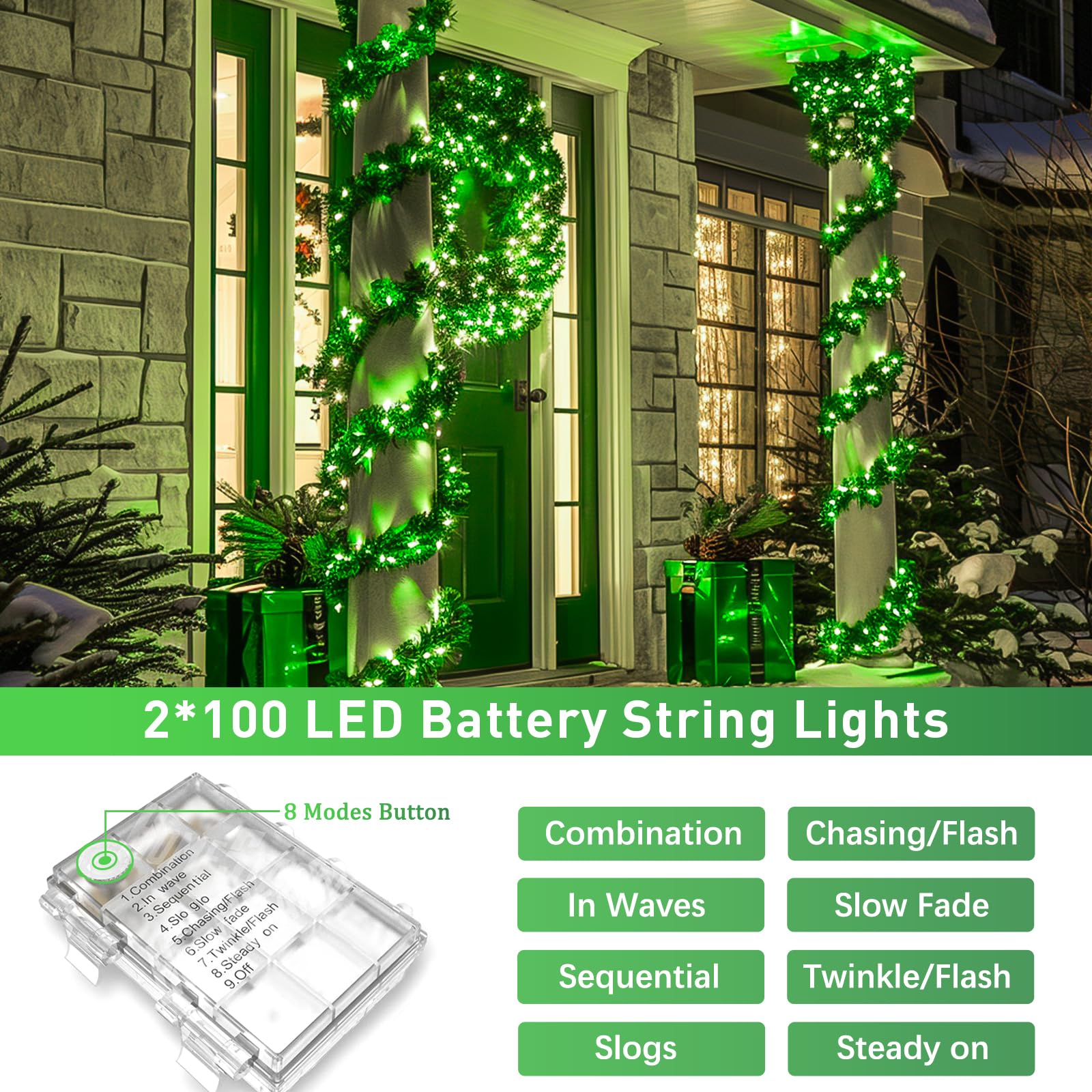 Potive 2 Pack Total 66Ft 200 Led Green Lights For St Patrick'S Day - Outdoor, Remote, 8 Modes, Werproof, Green Battery Operated