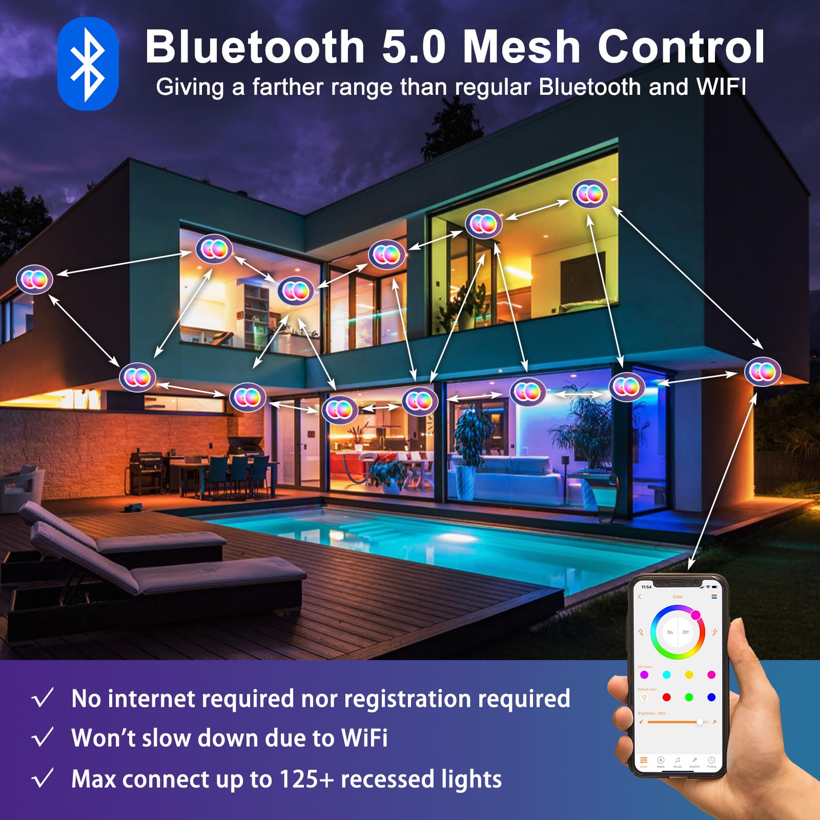 Smart Recessed Lighting 6 Inch Rgbcw Color Changing 16W Led Downlights With Junction Box,1350 Lumen Canless Wafer Recessed Ceili