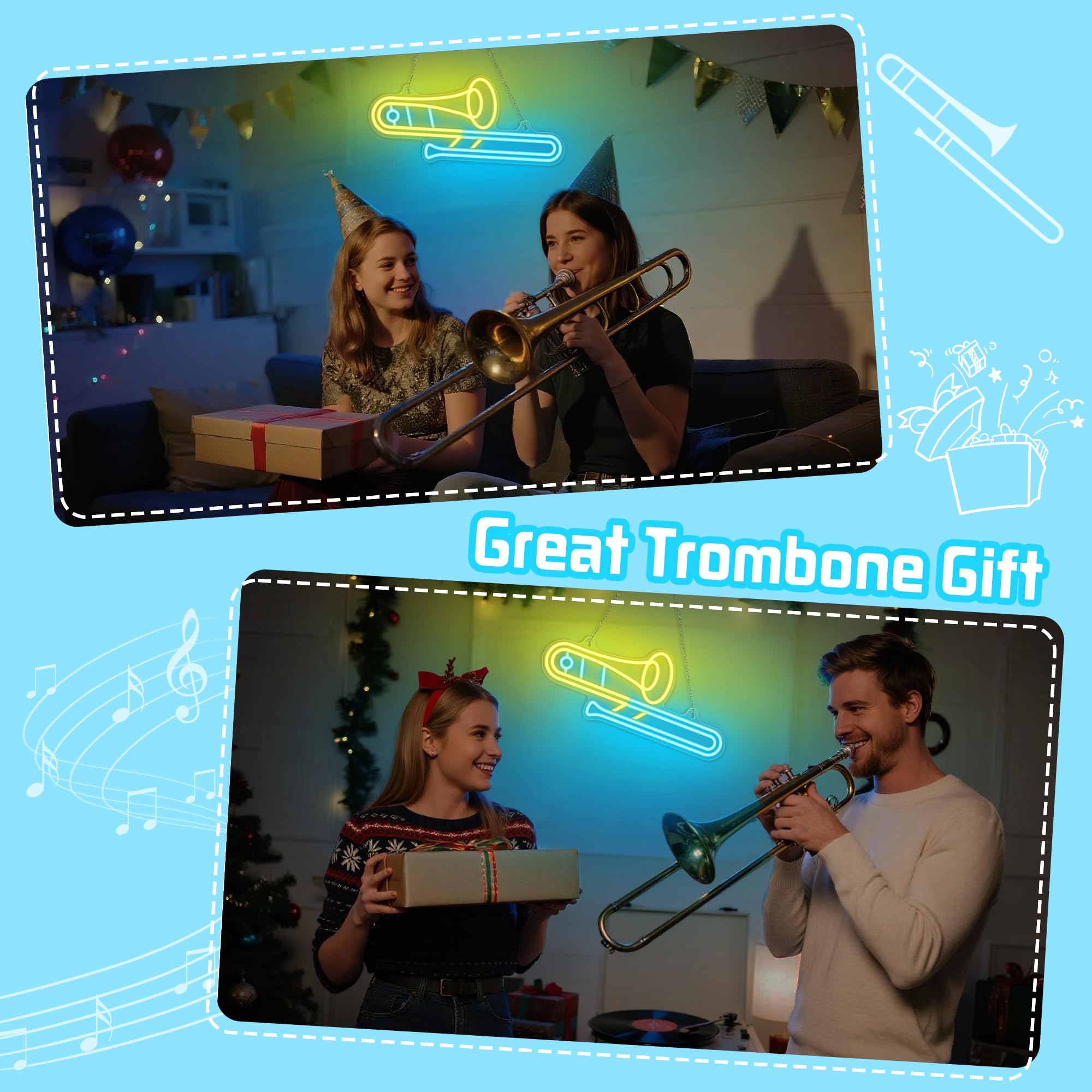 CoolGift Mart Trombone Neon Sign - Dimmable LED Light, 11.89"x16.38", Yellow-Trombone, USB Powered Room Decor for Music Lovers