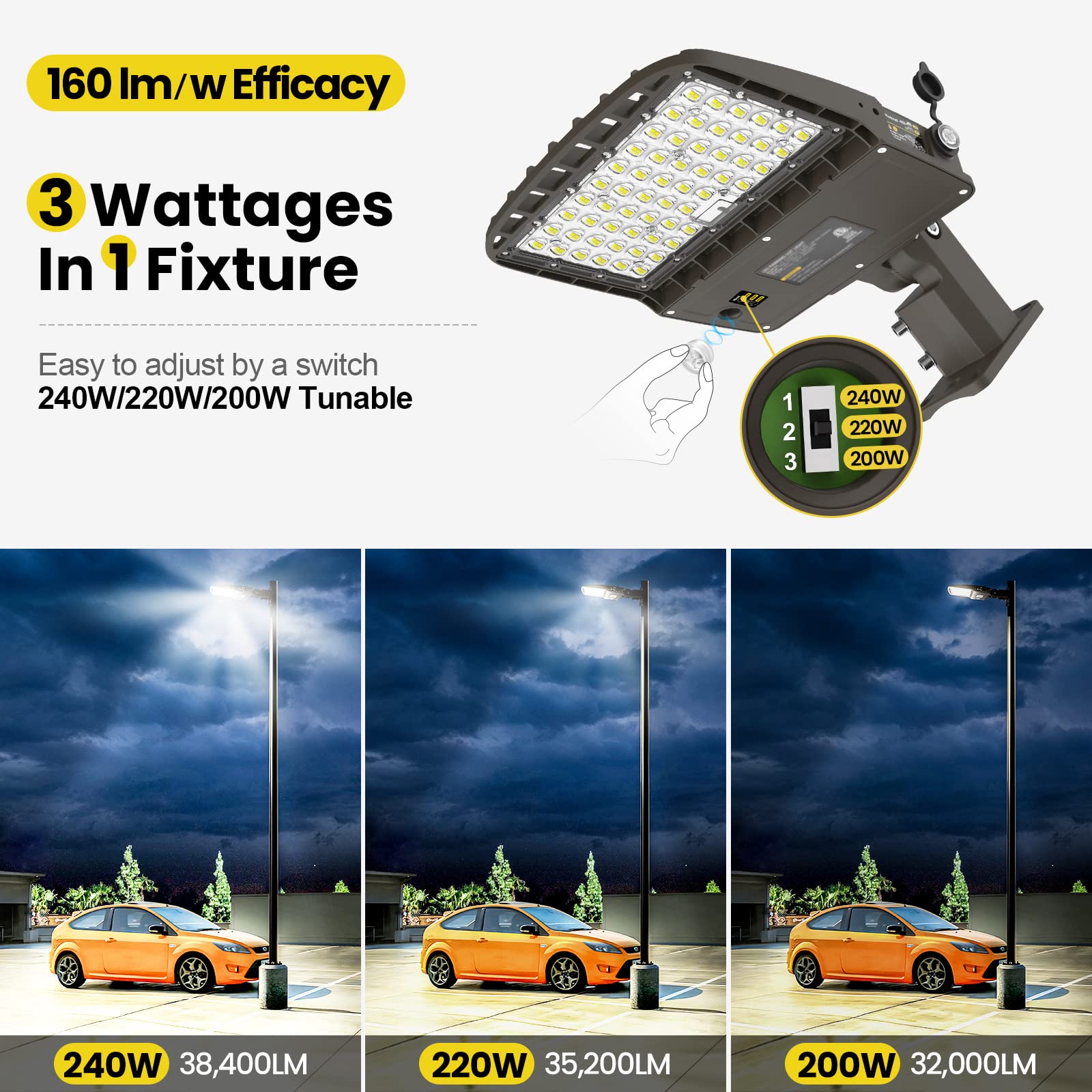 YARBO 240W LED Parking Lot Light - 220W/200W Selectable, 38400LM, Dimmable, Dusk to Dawn Photocell, Arm & Slip F