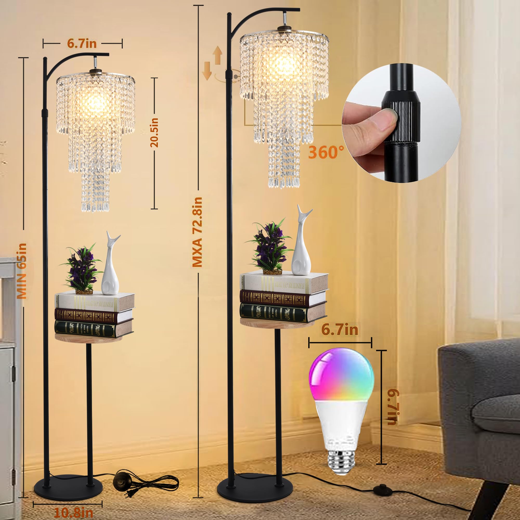Arc Floor Lamp With Table And Shelves,Crystal Floor Lamps For Living Room,Dimmable Elegant Modern Led Floor Standing Lamp With R