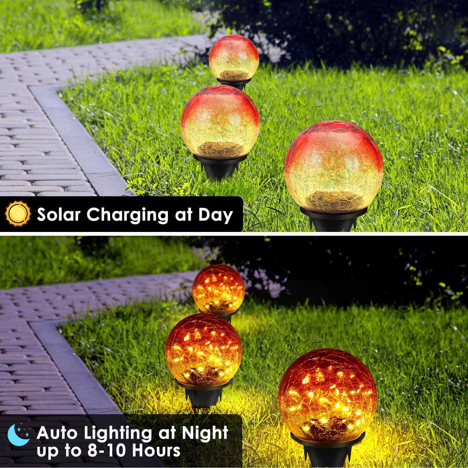 Keevvon 2 Pack 60 Led Garden Solar Outdoor Lights Decorative, Gradient Red Cracked Glass Solar Globe Lights, Upgraded Waterproof Ball Lights For Yard Pathway Patio Lawn Christmas Outside Decor