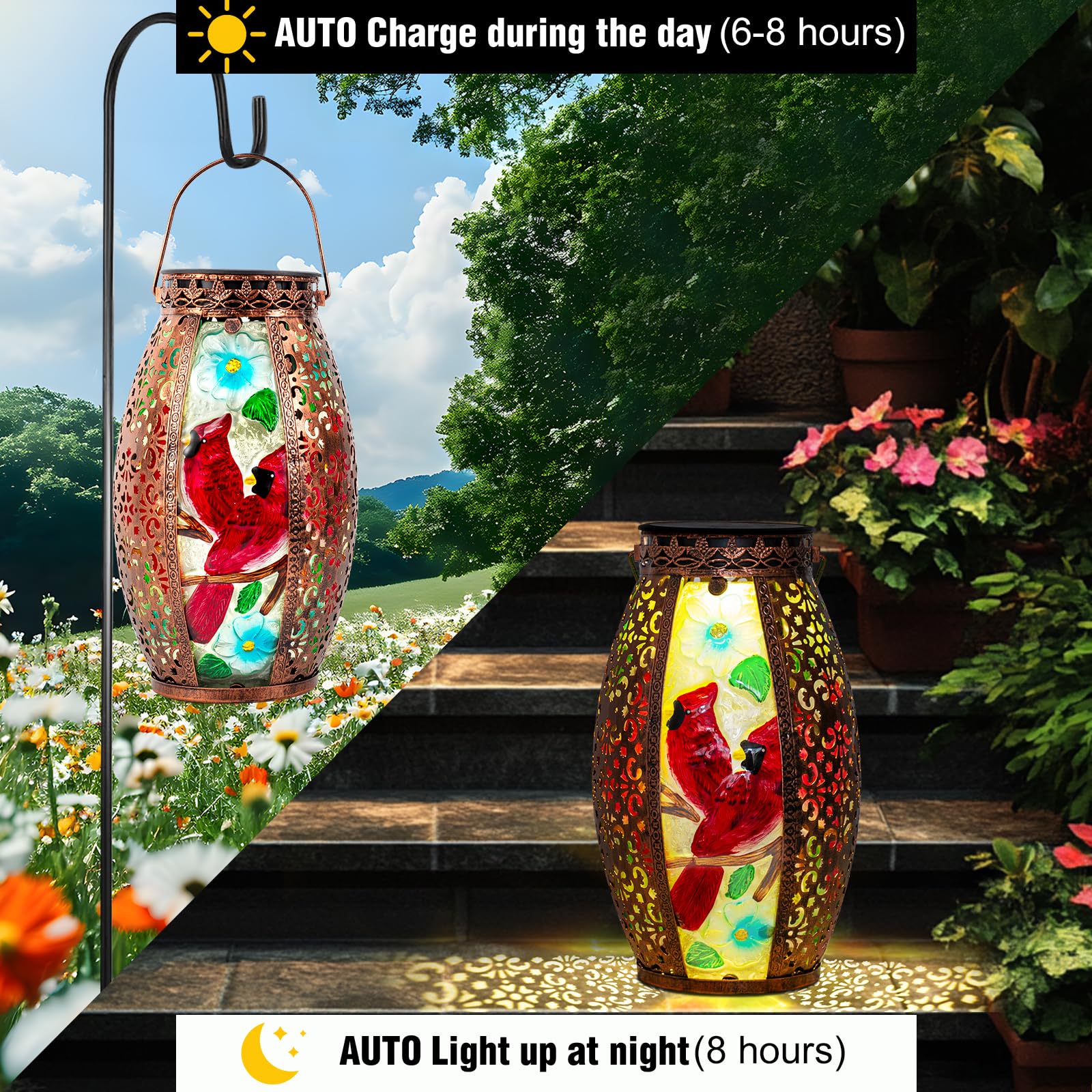 Gifts For Women Mom Grandma,Outdoor Solar Lantern-Waterproof Two Cardinal Hanging Metal Decorative Lights For Patio Table Garden
