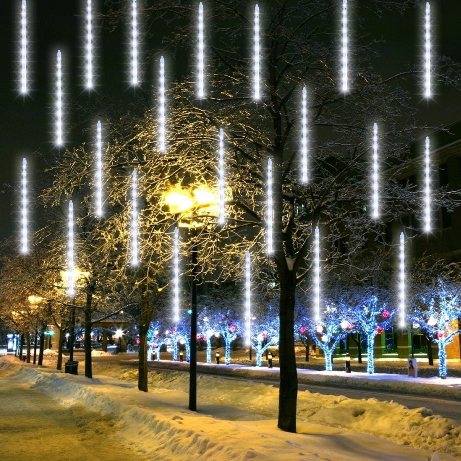FUNPENY Meteor Shower Rain Lights, 864 LED Icicle Lights, White, Model HB-300COI, Outdoor Christmas Decoration