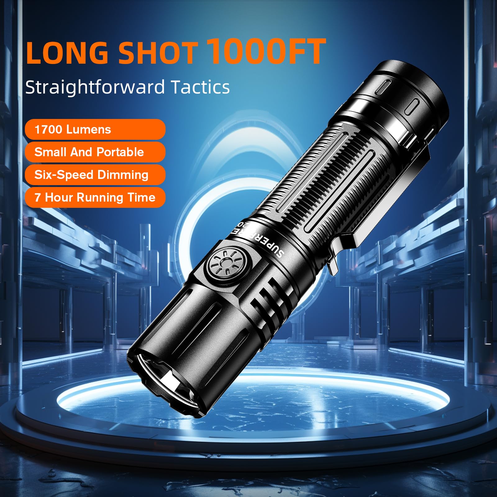 SuperFire Flashlights High Lumens Rechargeable, 2000 Lumens EDC Flashlight with Clip & Lanyard, 6 Modes, IP 44 Waterproof Powerf
