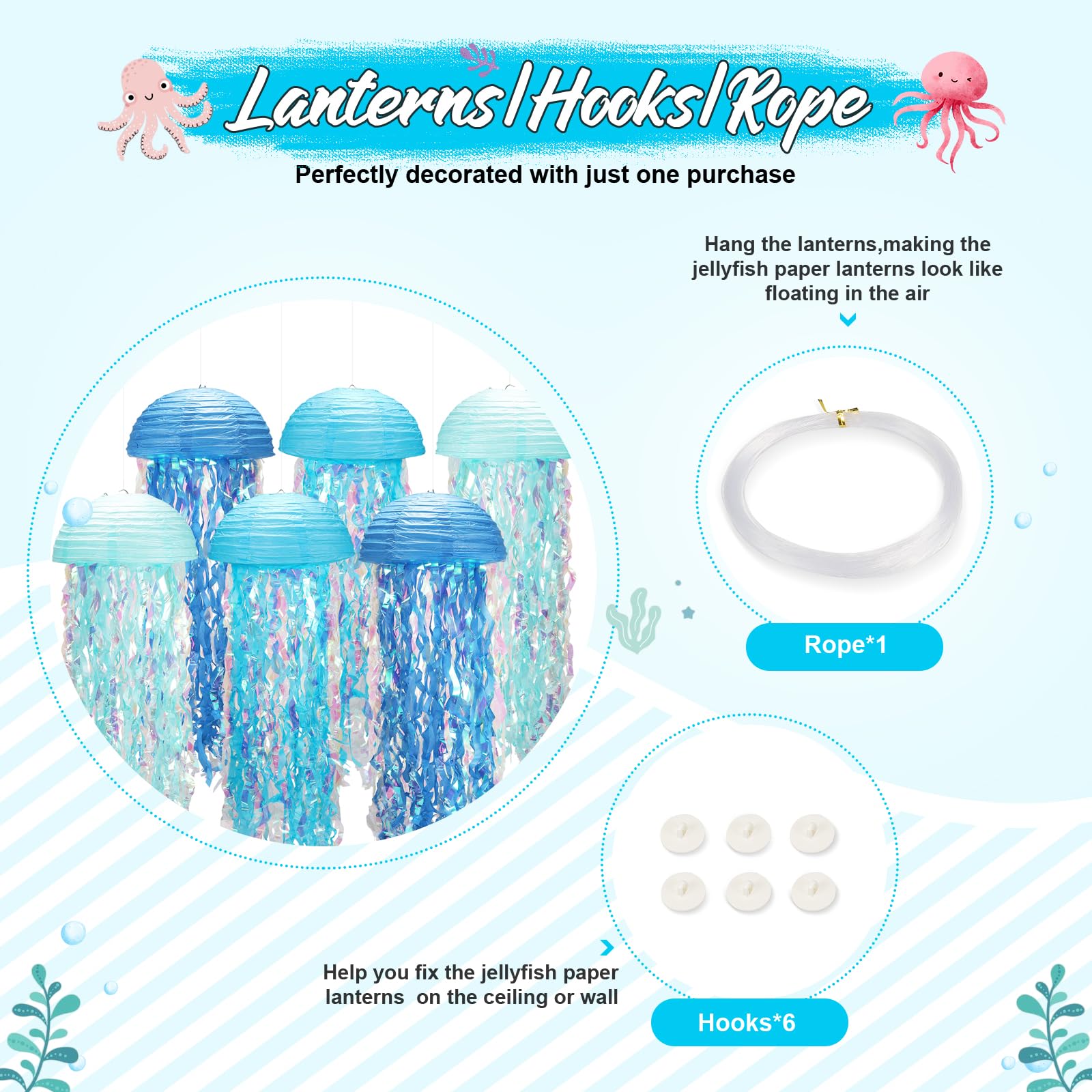 Under The Sea Party Decorations,Jellyfish Paper Lanterns With Hooks+Rope,10In Hanging Jelly Fish For Birthday,Mermaid,Baby Shark,Ocean Themed Party, Kids Room Supplies