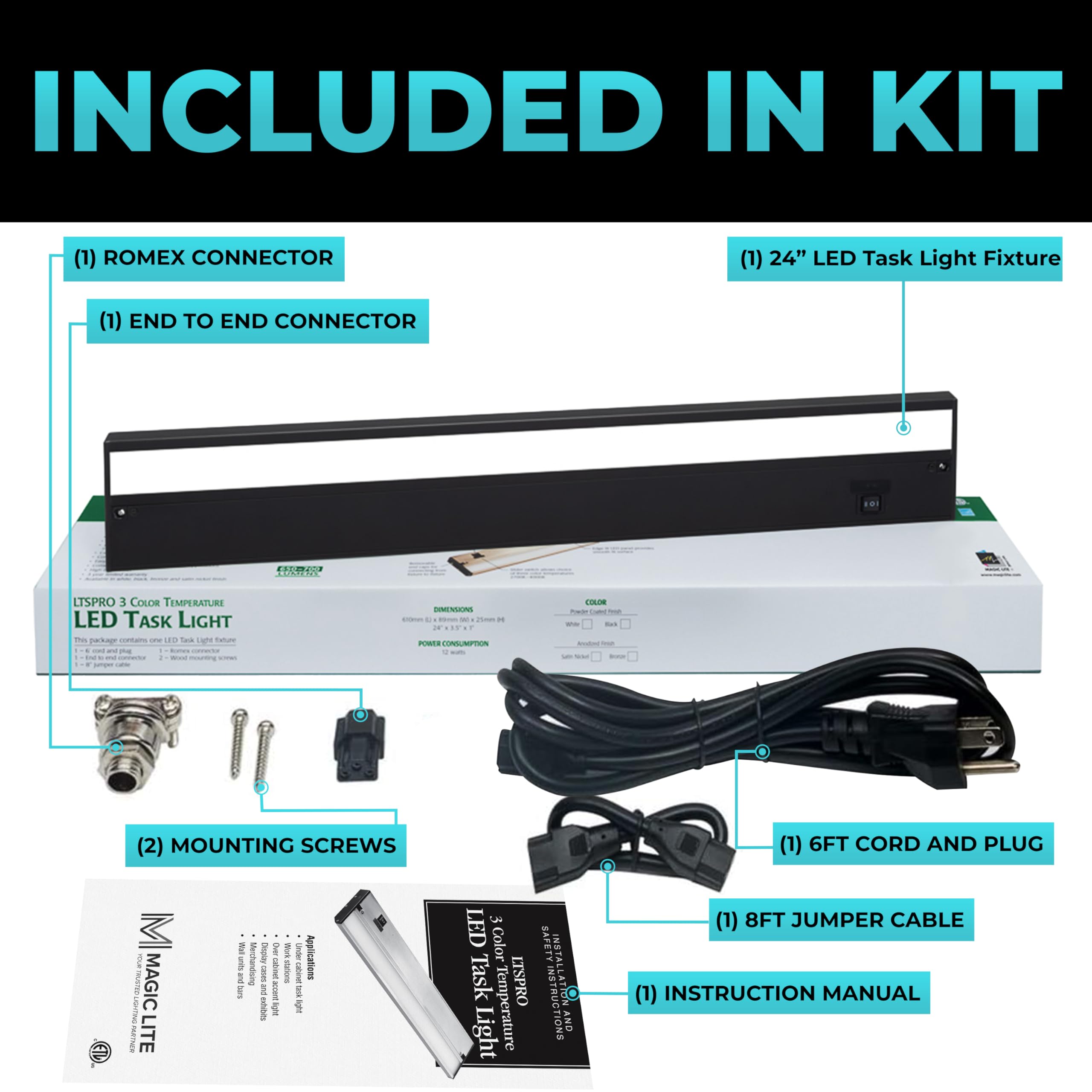 Led Under Cabinet Lighting Hardwired - 3Cct 24 Inch Black Finish - Undercabinet Lights For Kitchen - Linkable Undercounter Dimmable Plug In Light Or Hard Wired - Under Counter Fixture Direct Wire