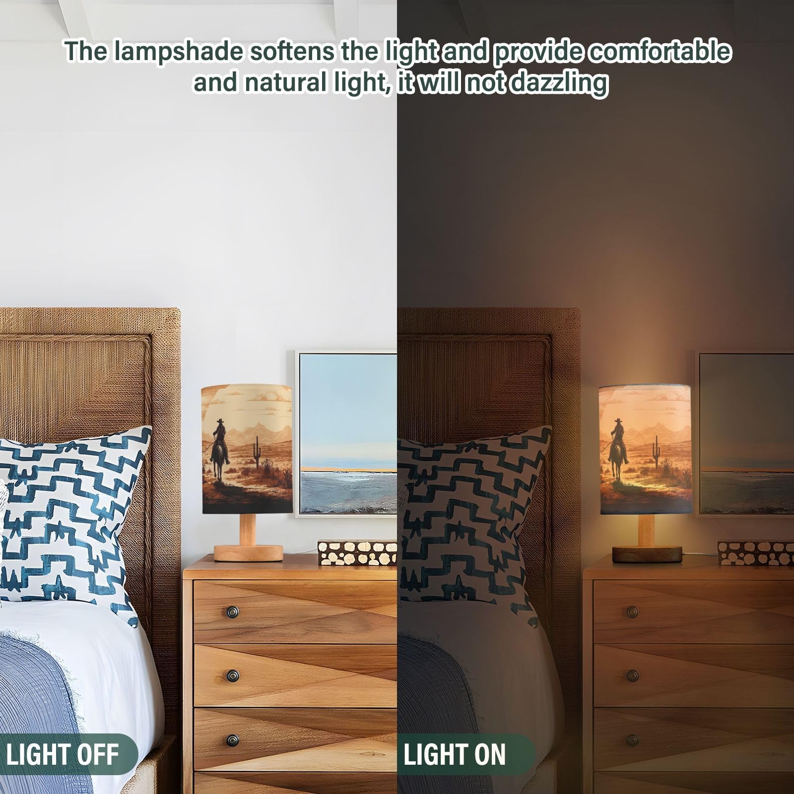 Goodold Vintage Western Cowboy Led Table Lamp - Modern Minimalist Bedside Lamp With Round Flaxen Fabric Shade For Nightstand, Pe