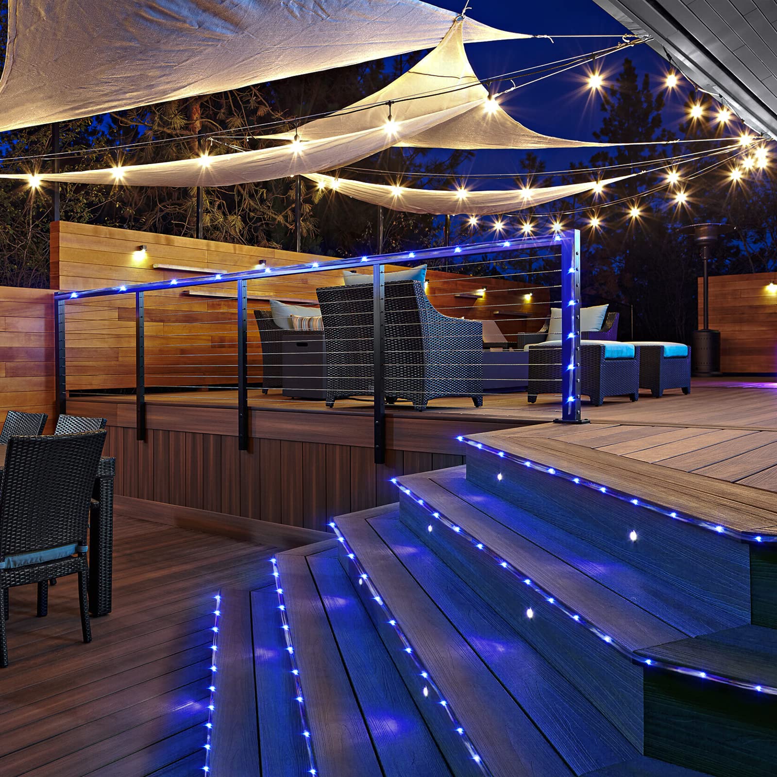 Potive 200 Led Blue Solar Rope Lights, Waterproof Outdoor Decor With 8 Modes, 66Ft (2 Pack)