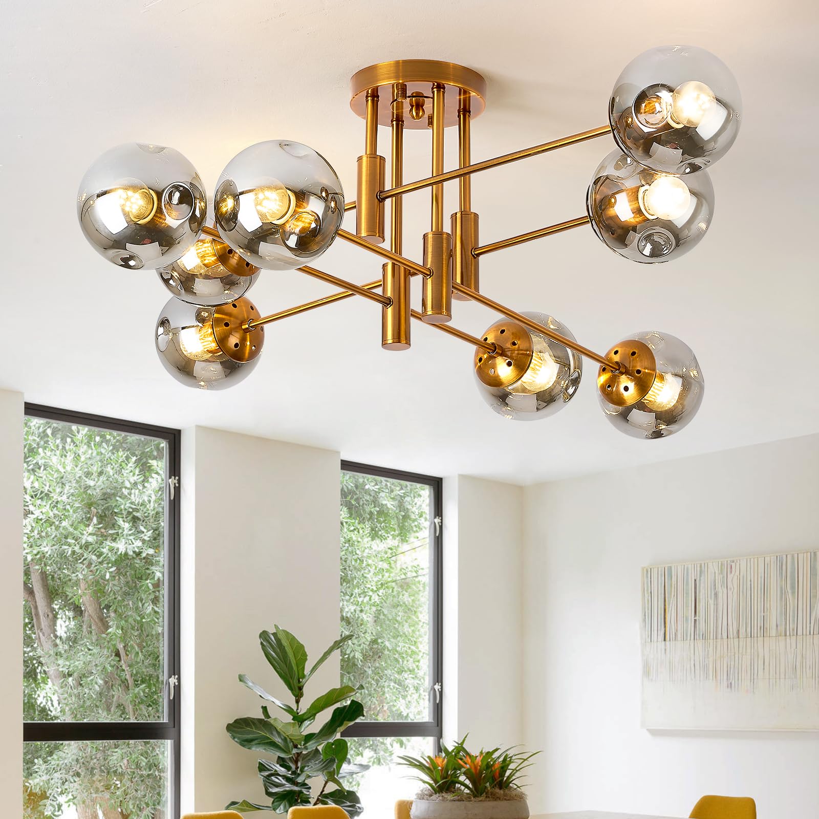 Ceiling Light With Sputnik Glass Globe Chandelier, 8 Lights Kitchen Lighting Fixtures Ceiling Flush Mount For Villa Living Room,