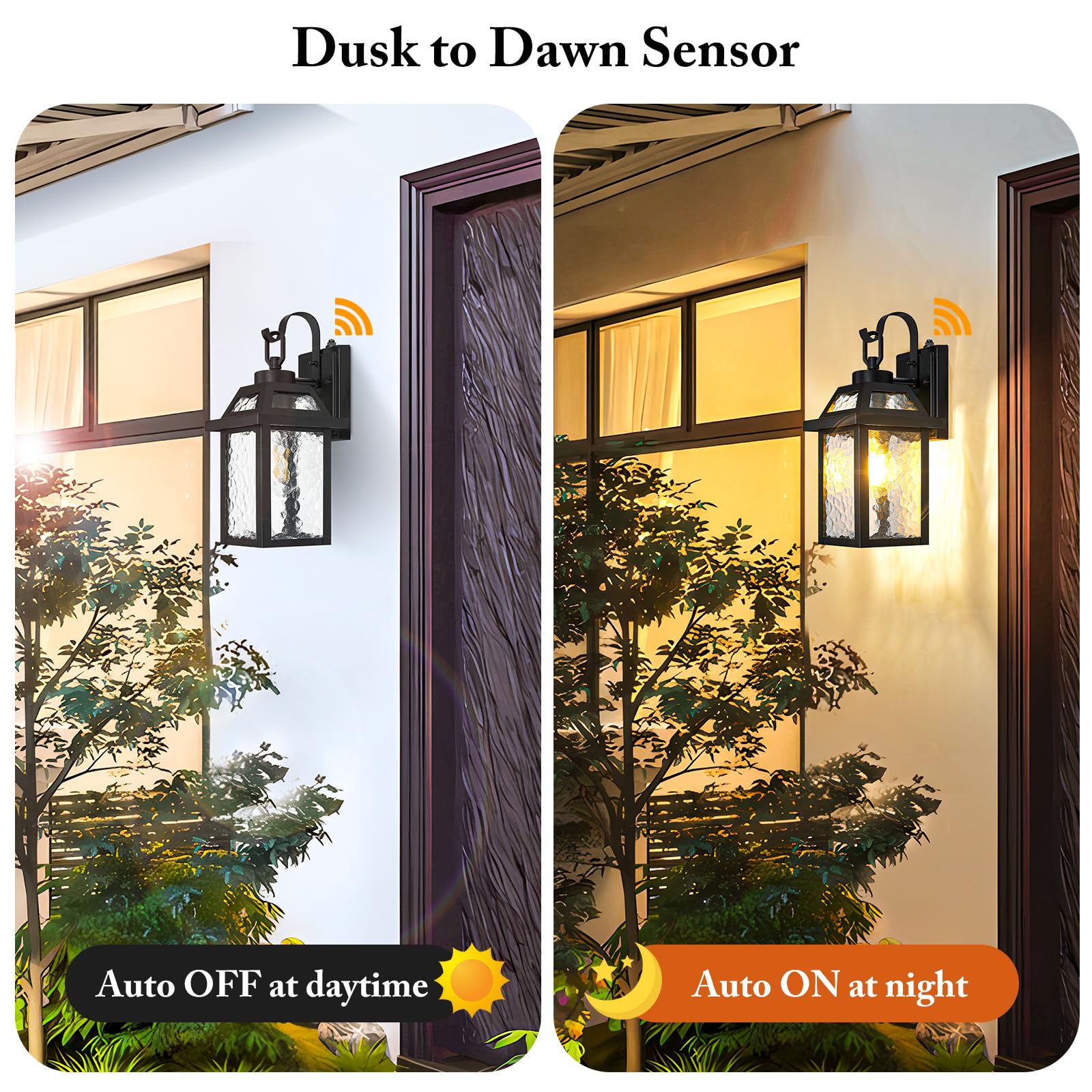 BesLowe Dusk to Dawn Outdoor Wall Lights, Black Metal 2-Pack, 13.8" Water Ripple Glass Sconces for Porch, Garage, Front Door