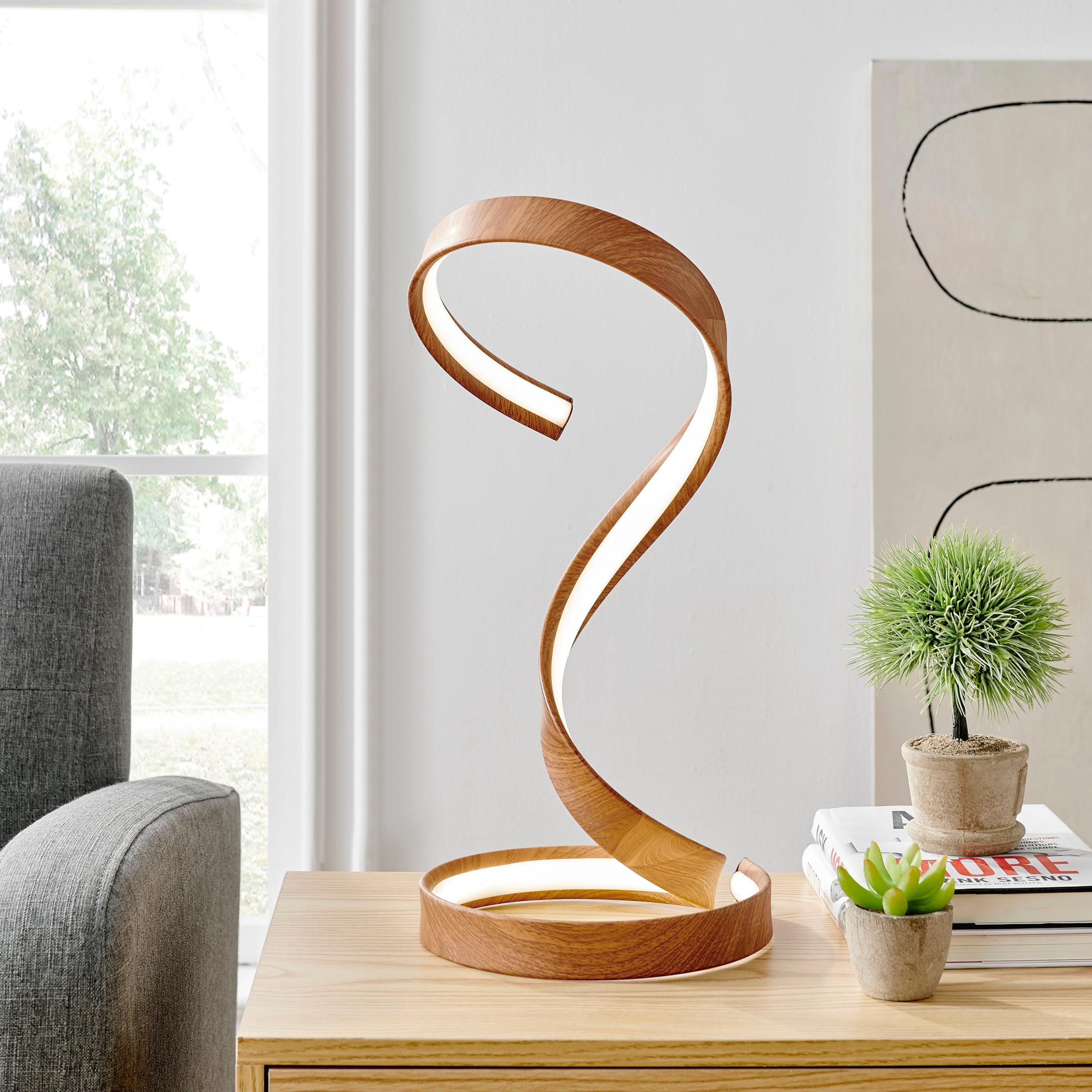Overstock Dimmable LED Table Lamp, 17in Large, Brown Wood, Porcelain, Metal, Rubber