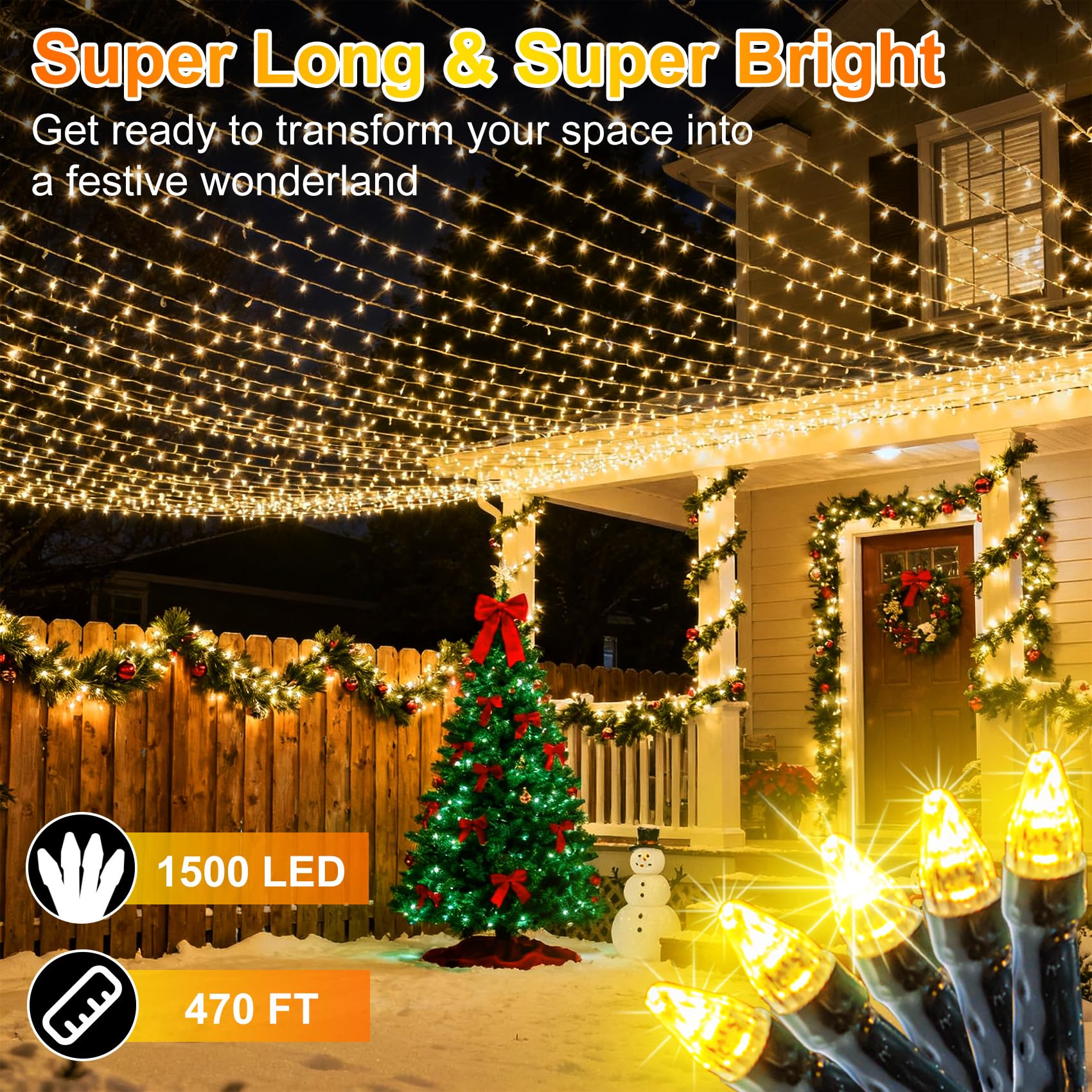 WUXYIYANG 1500 LED Christmas String Lights, 470FT, Warm White, Waterproof, 12 Modes, Model WX-1500L