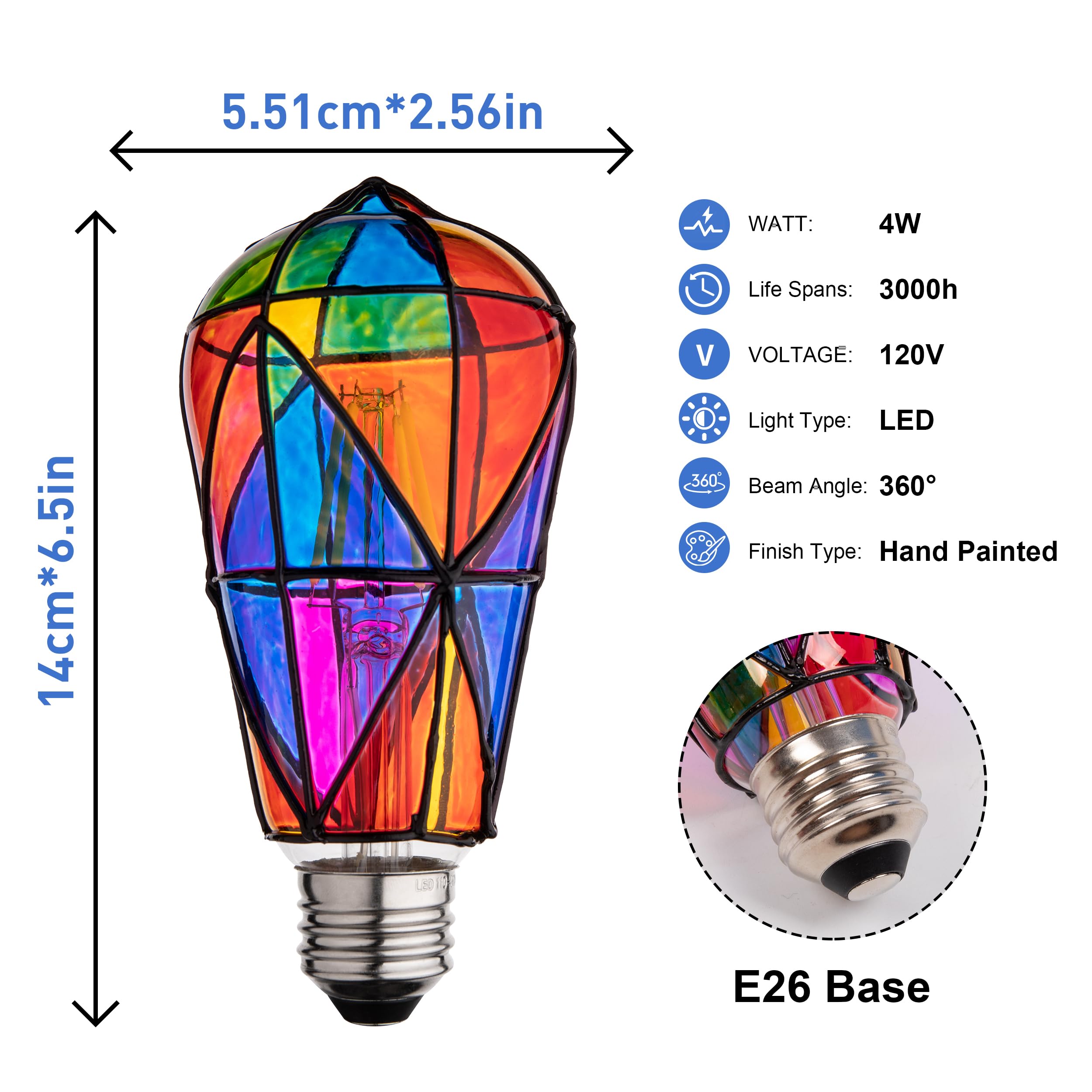 Cybaaluxzus Stained Glass Light Bulb - Rainbow Painted, Mosaic, Multi-Colored Indoor Decorative Bulb - 4W 120V - Fun Romantic An