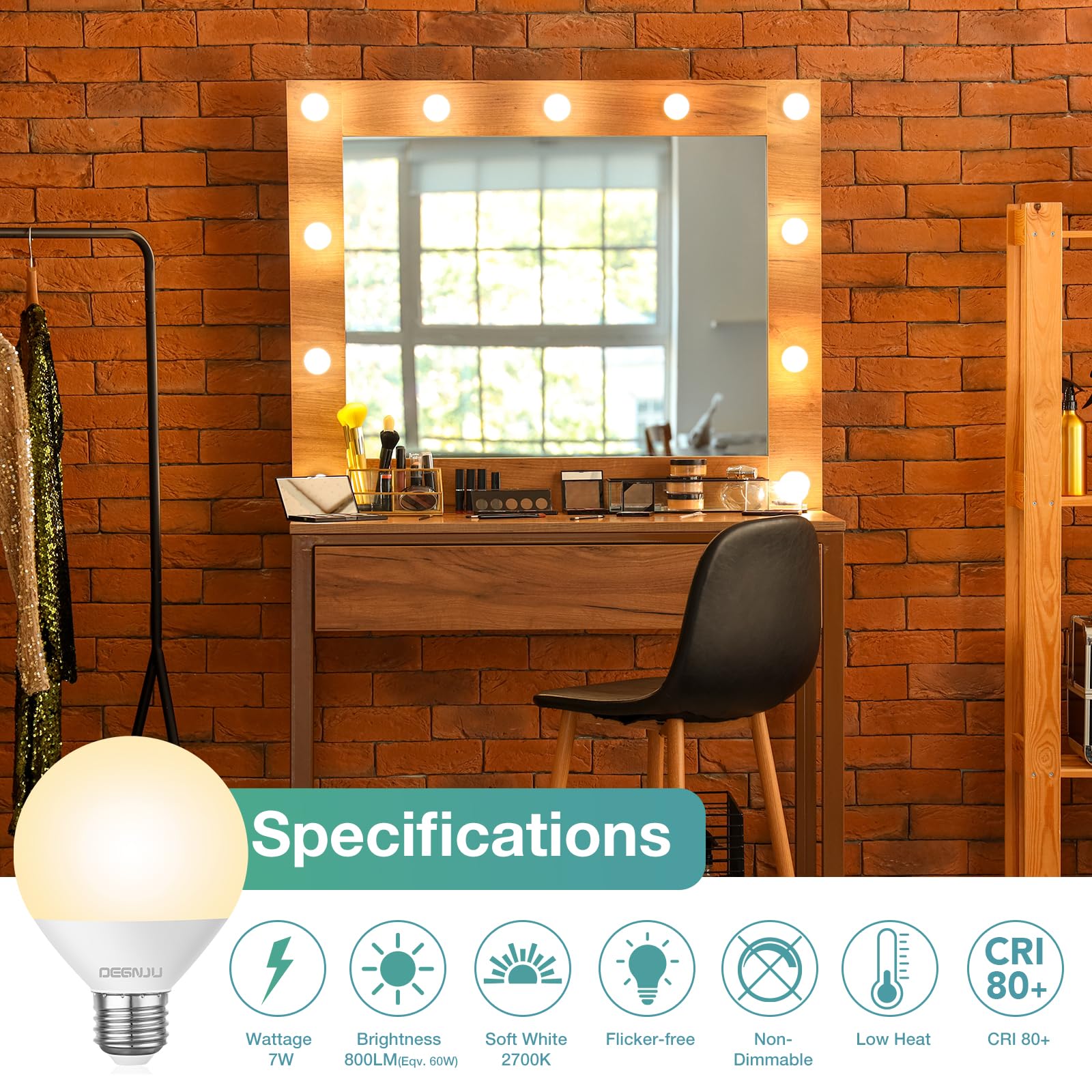 DEGNJU LED Vanity Light Bulbs, G25 Globe, 800 Lumens, 2700K Soft White, 7W, 6 Pack, Non-Dimmable, Model DEG25